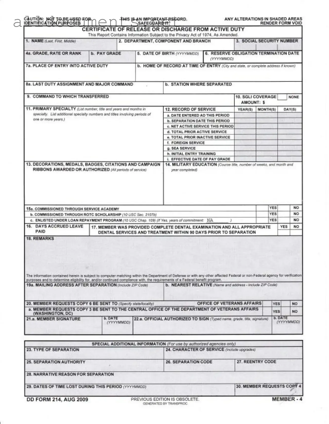 Fillable Dd 214 Template in PDF