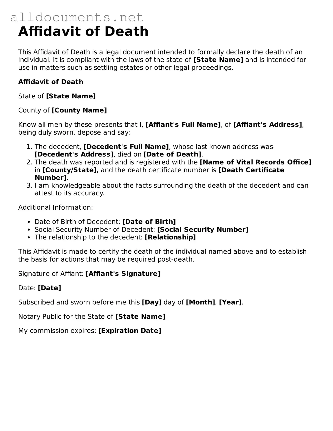 Free Affidavit of Death Document