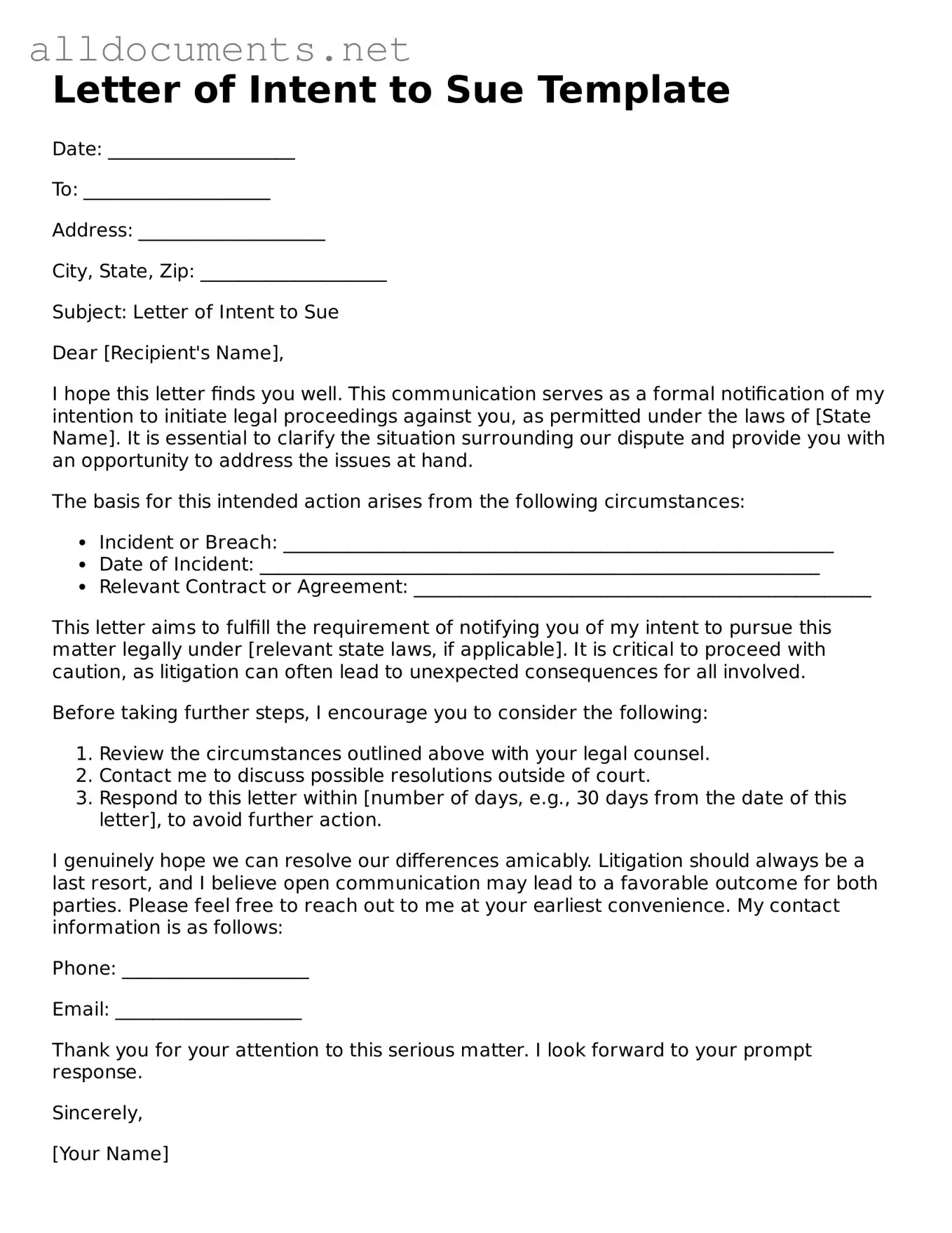 Free Letter of Intent to Sue Document
