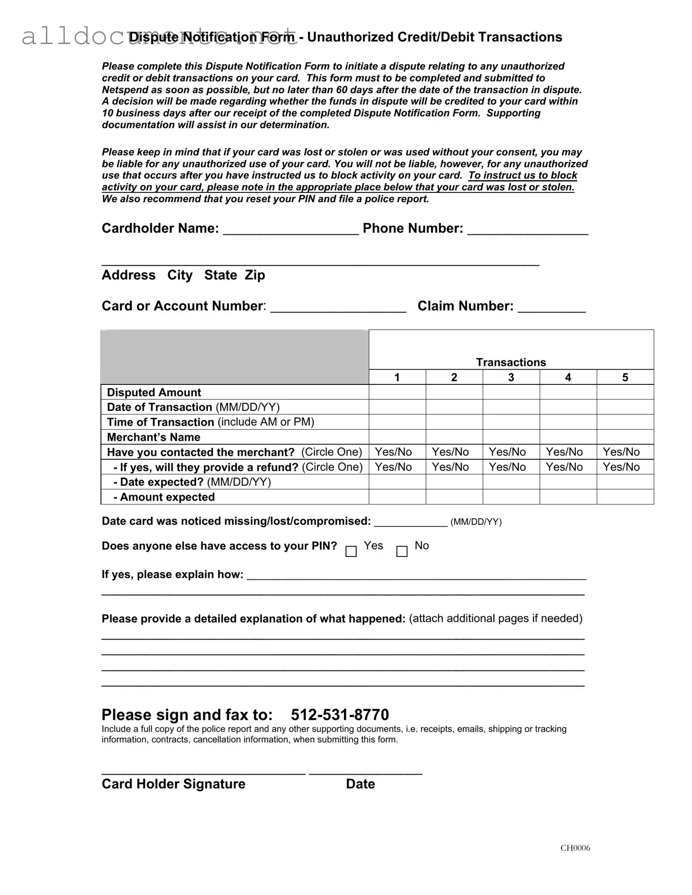 Fillable Netspend Dispute Template in PDF