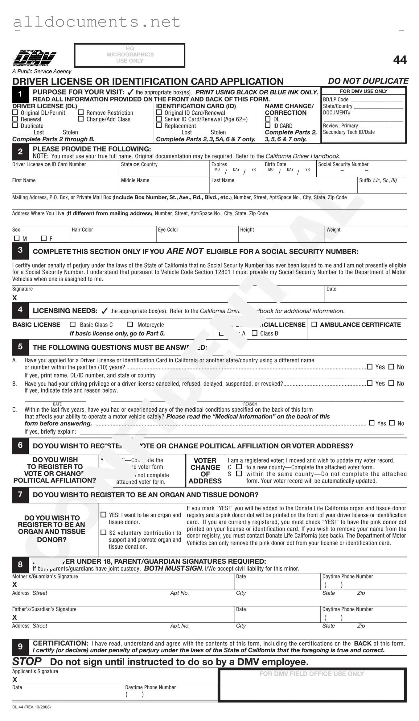 Fillable Ca Dmv Dl 44 Template in PDF