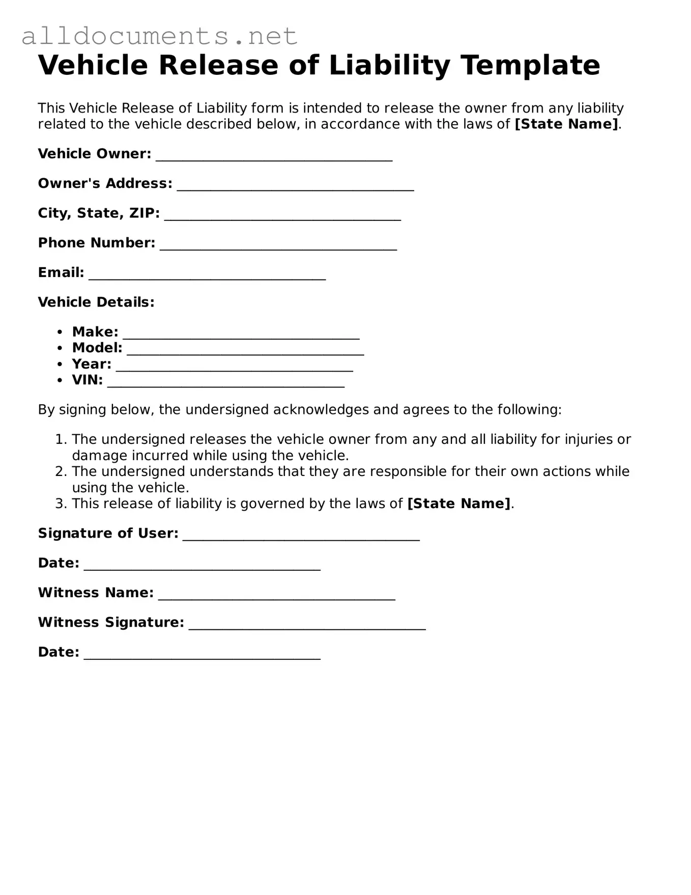 Free Vehicle Release of Liability Document