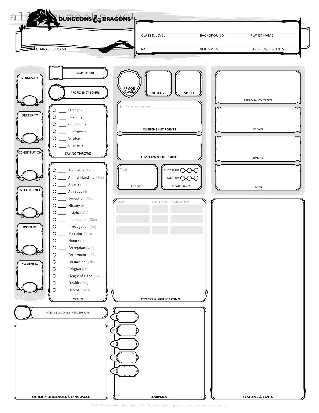 Fillable Dnd Character Sheet Template in PDF