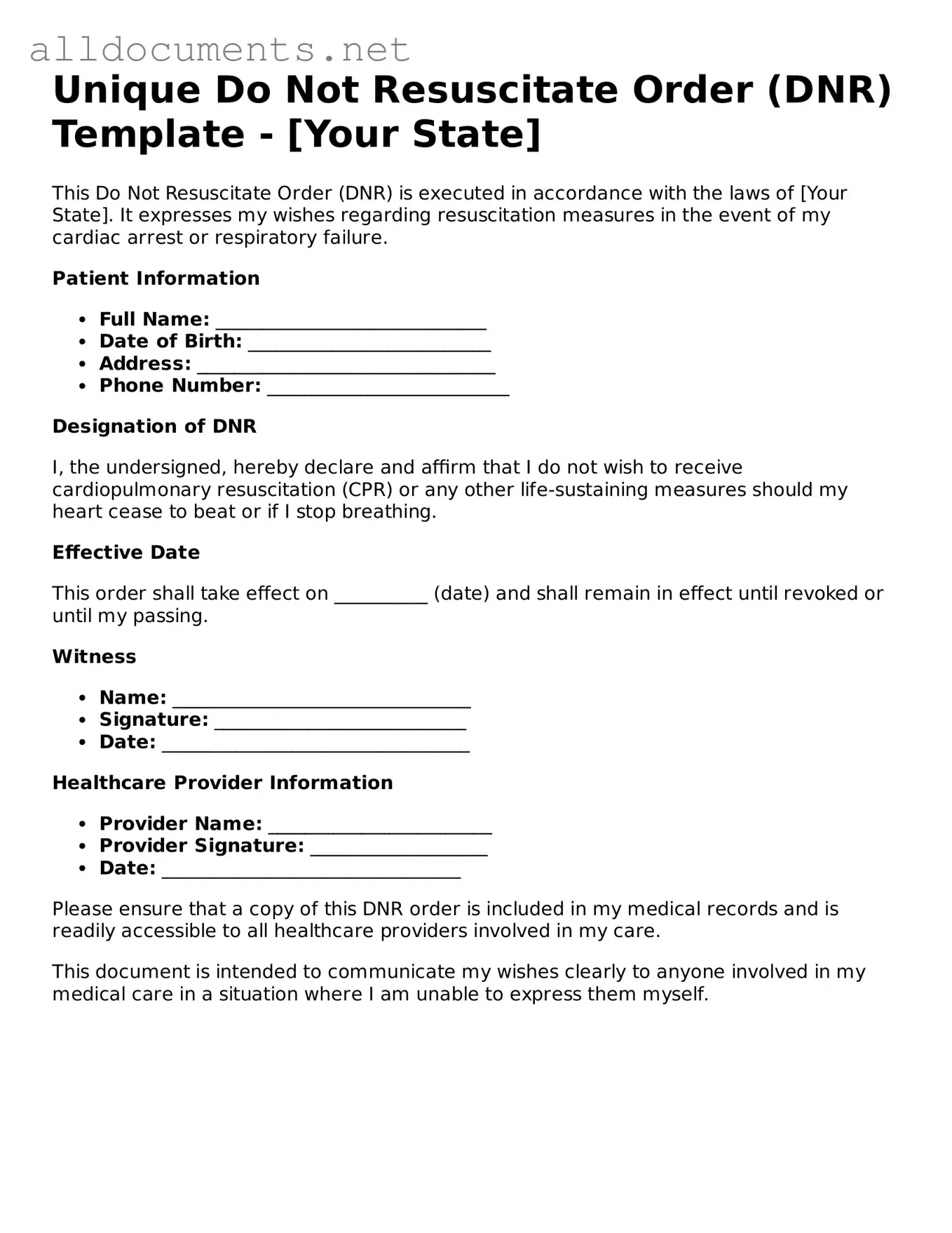 Free Do Not Resuscitate Order Document