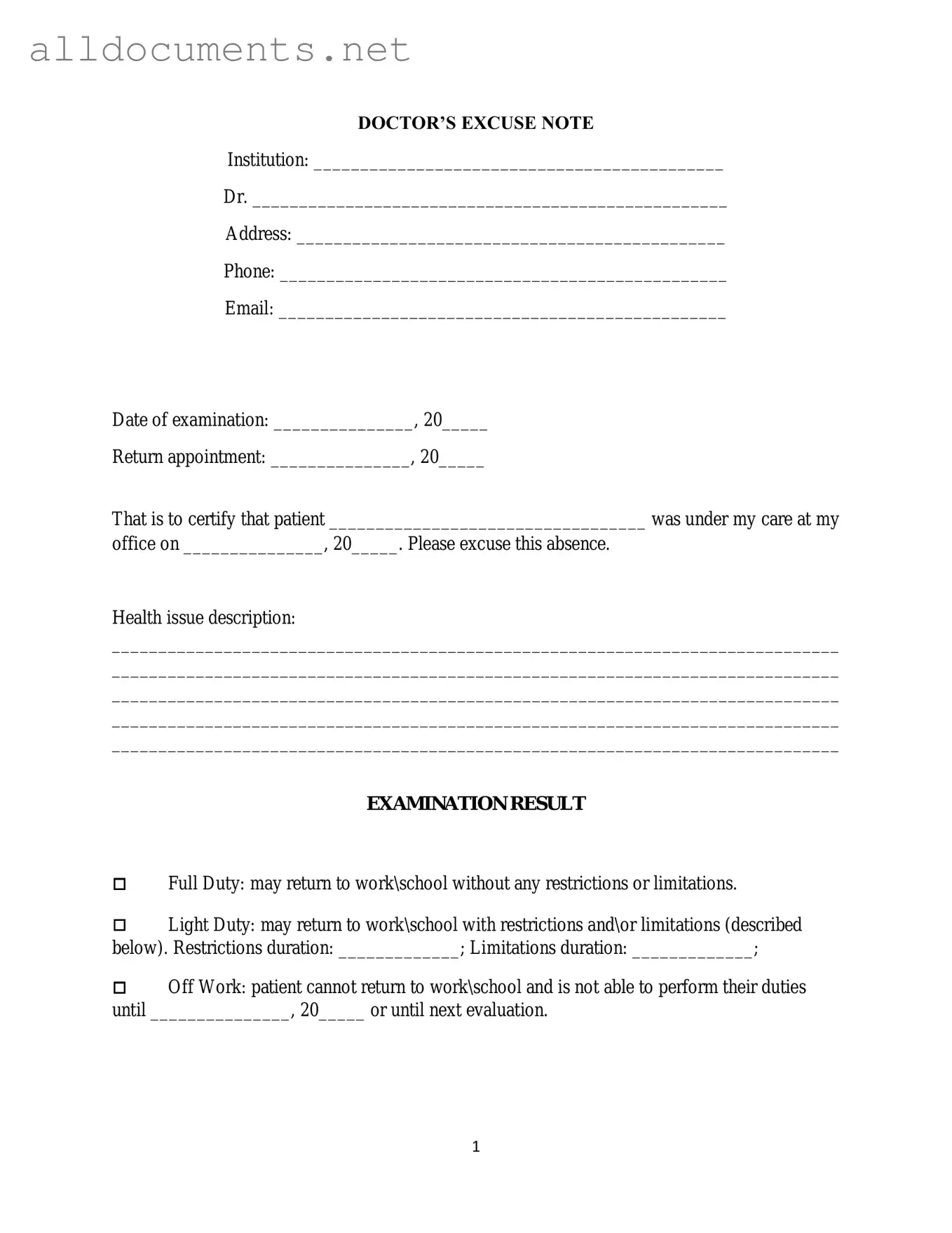 Fillable Doctors Excuse Note Template in PDF