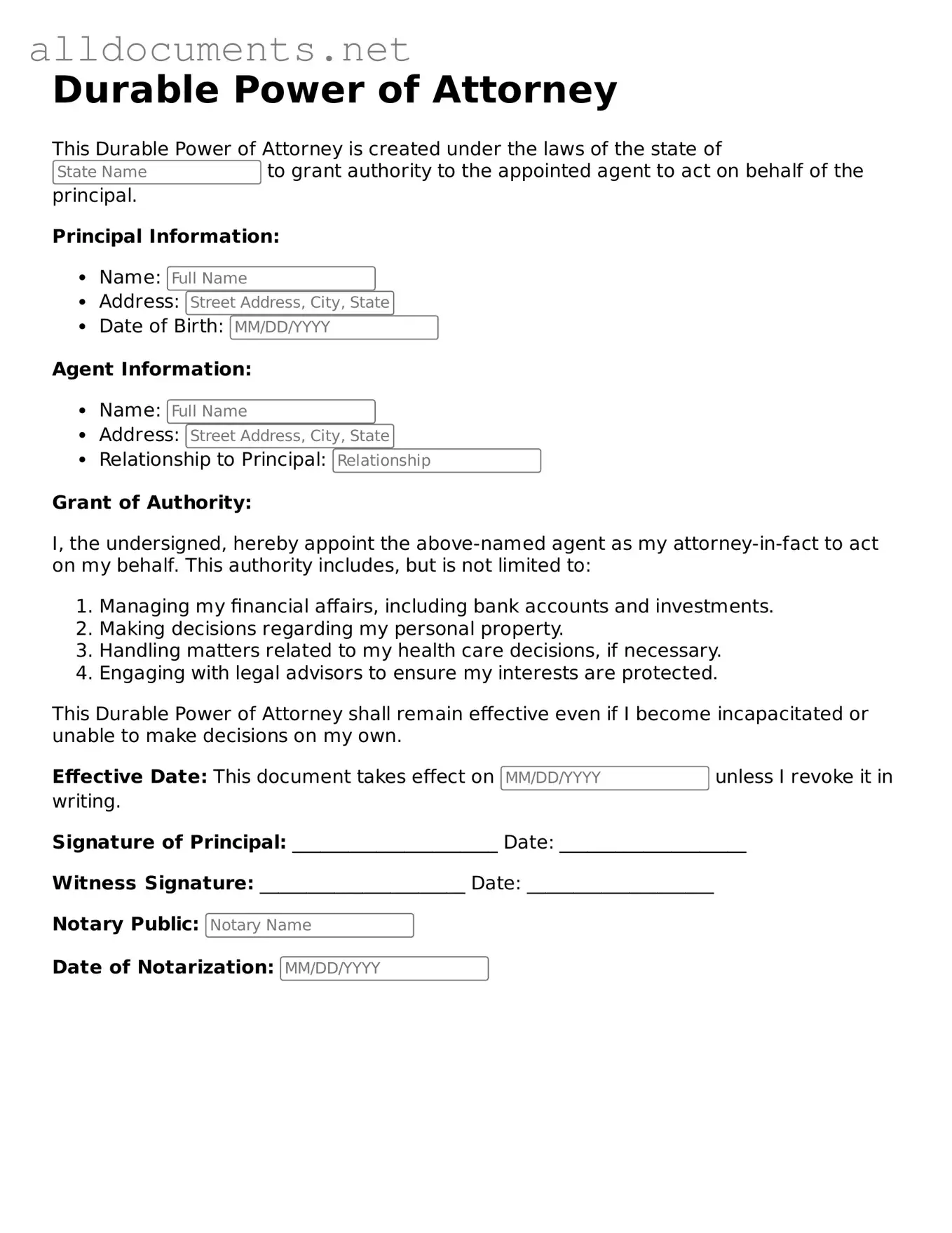 Free Durable Power of Attorney Document
