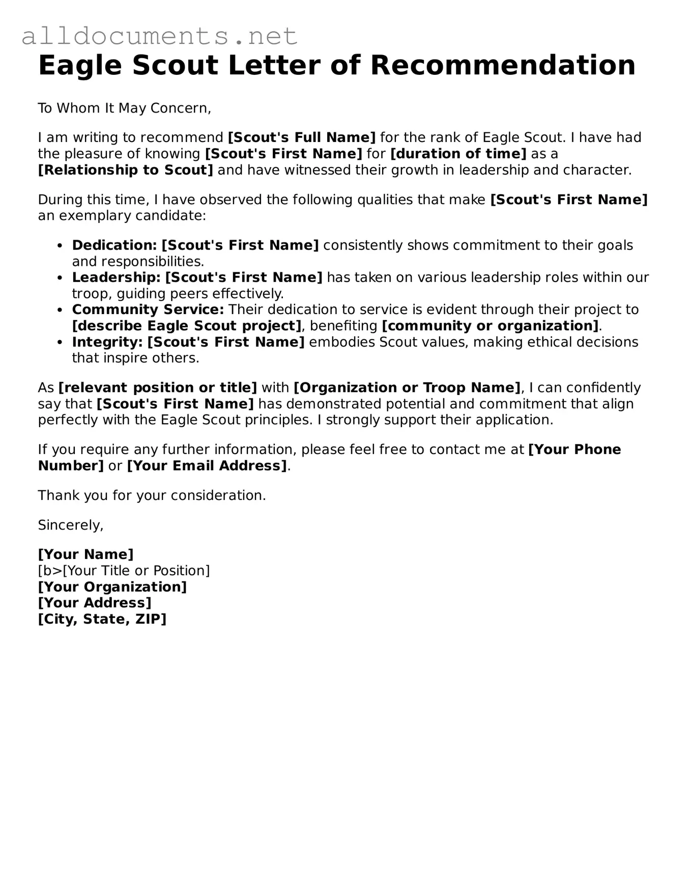 Free Eagle Scout Letter of Recommendation Document