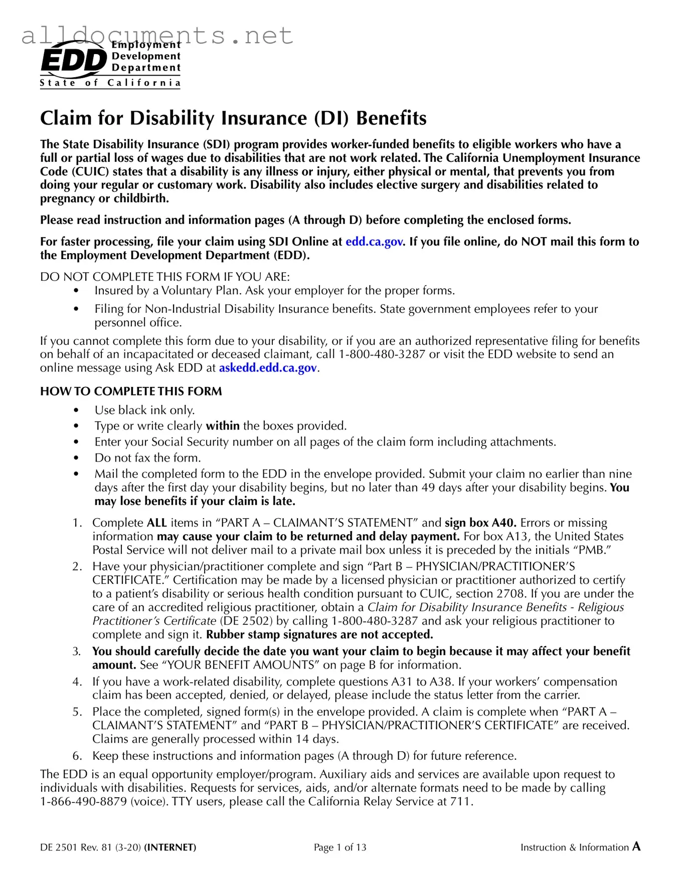 Fillable EDD DE 2501 Template in PDF