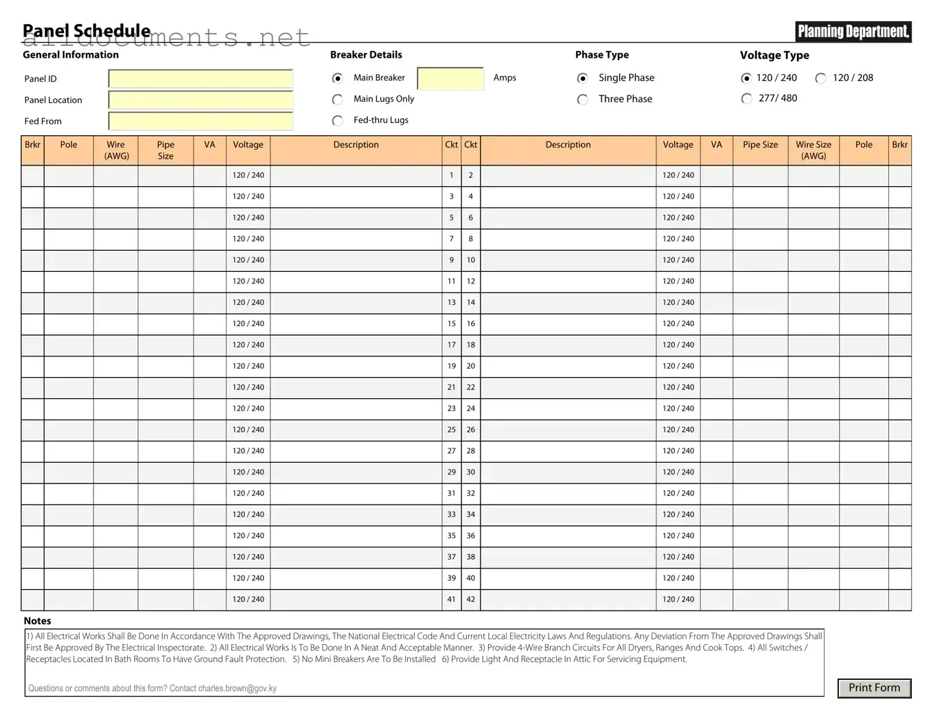 Fillable Electrical Panel Schedule Template in PDF