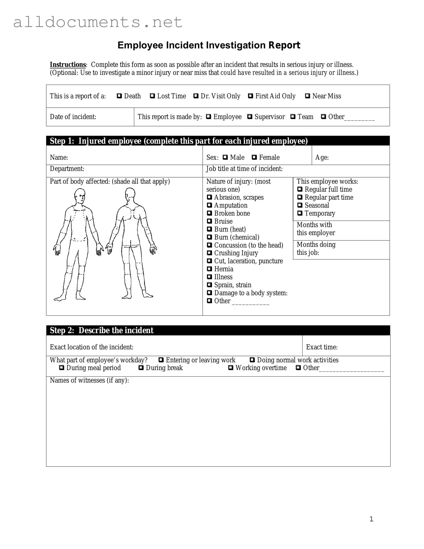 Fillable Employee Accident Report Template in PDF