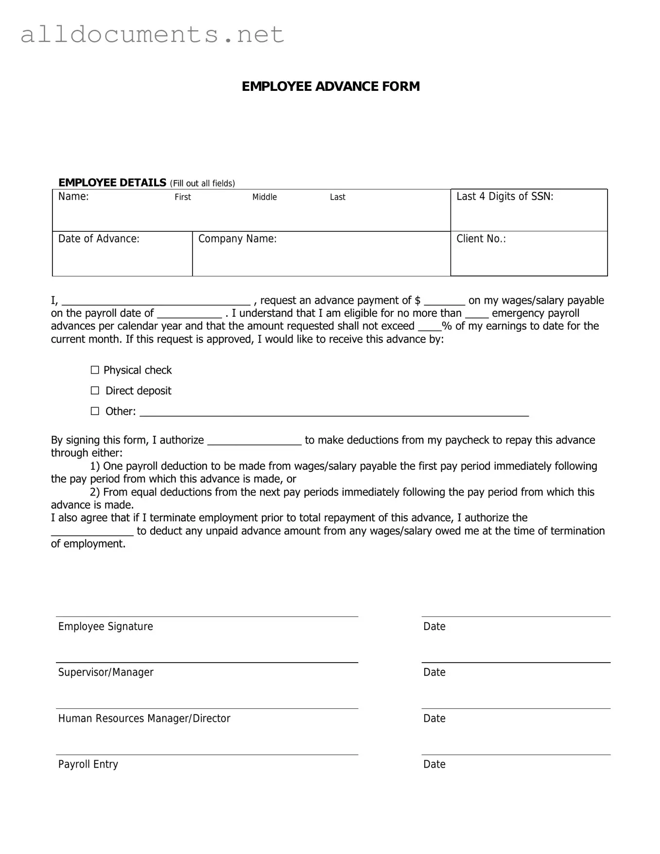 Fillable Employee Advance Template in PDF