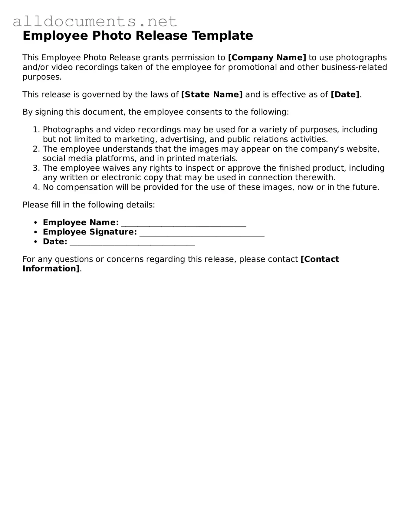 Free Employee Photo Release Document