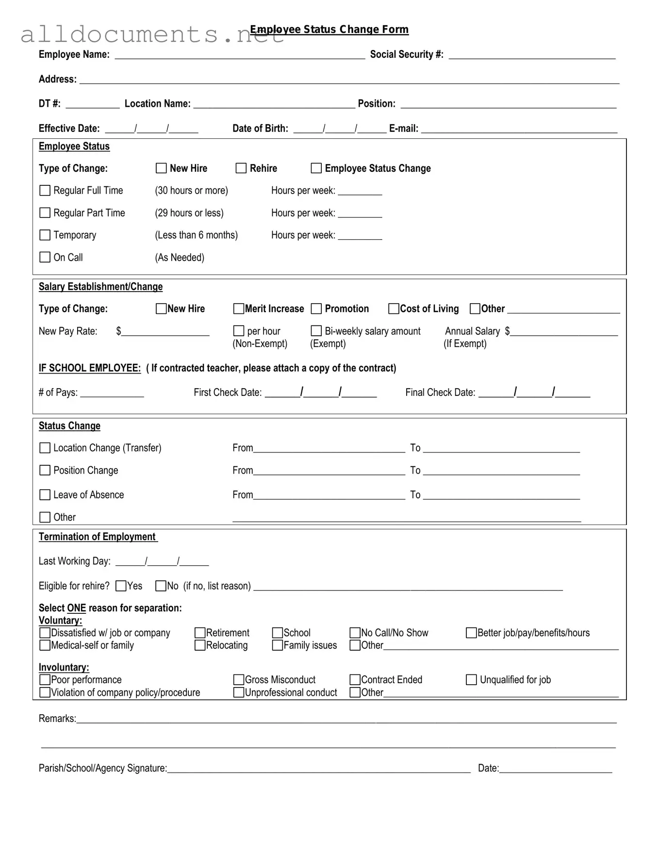 Fillable Employee Status Change Template in PDF