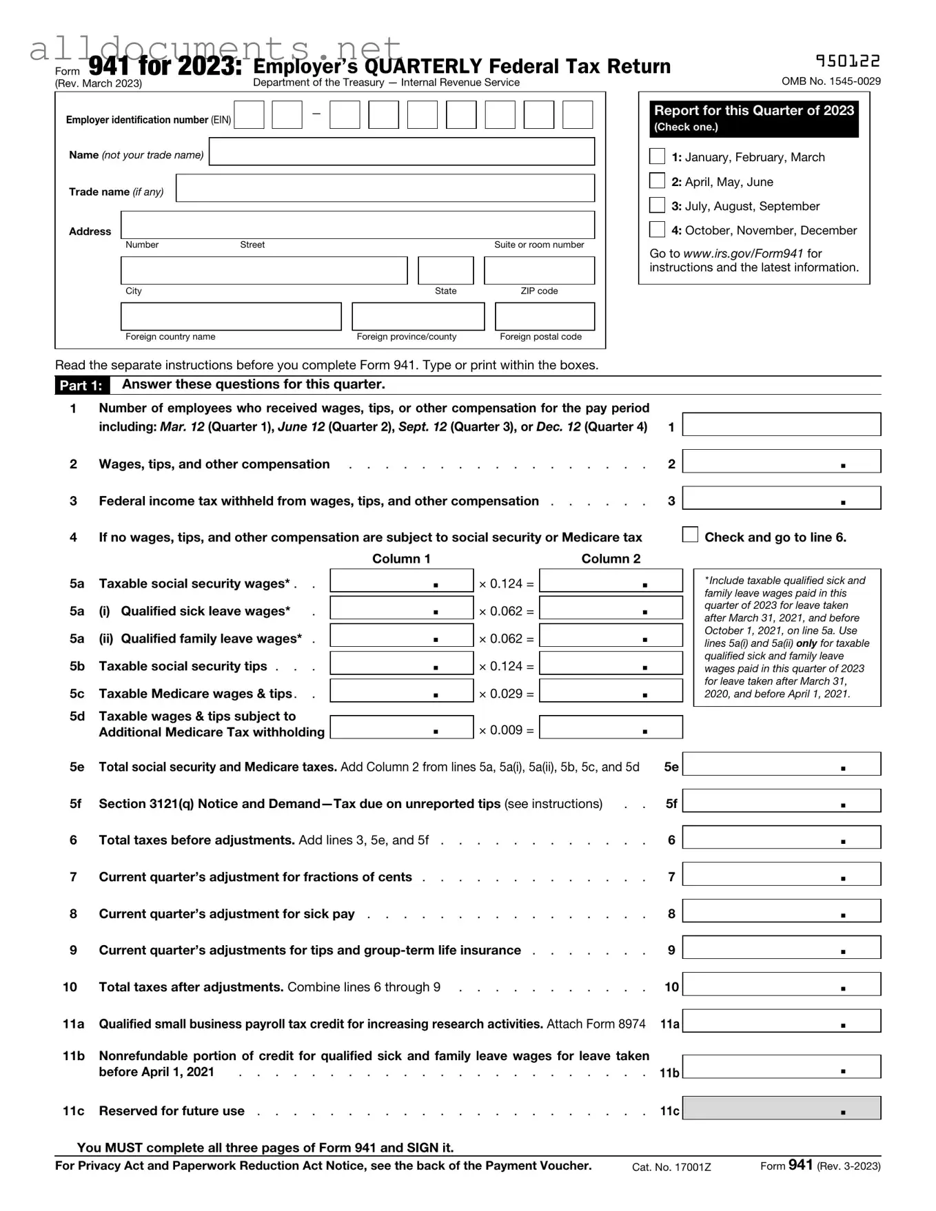 Fillable IRS 941 Template in PDF