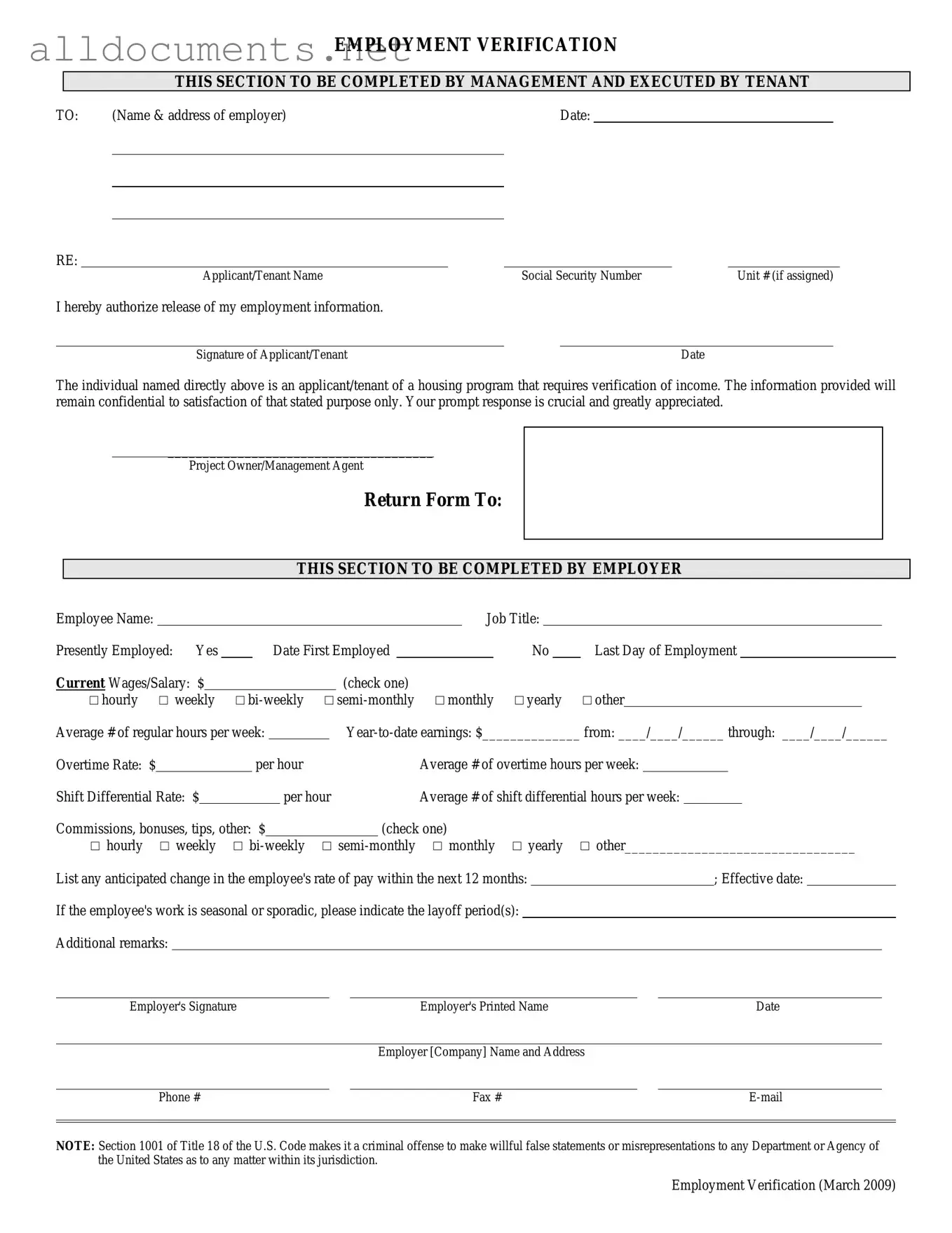 Fillable Employment verification form Template in PDF