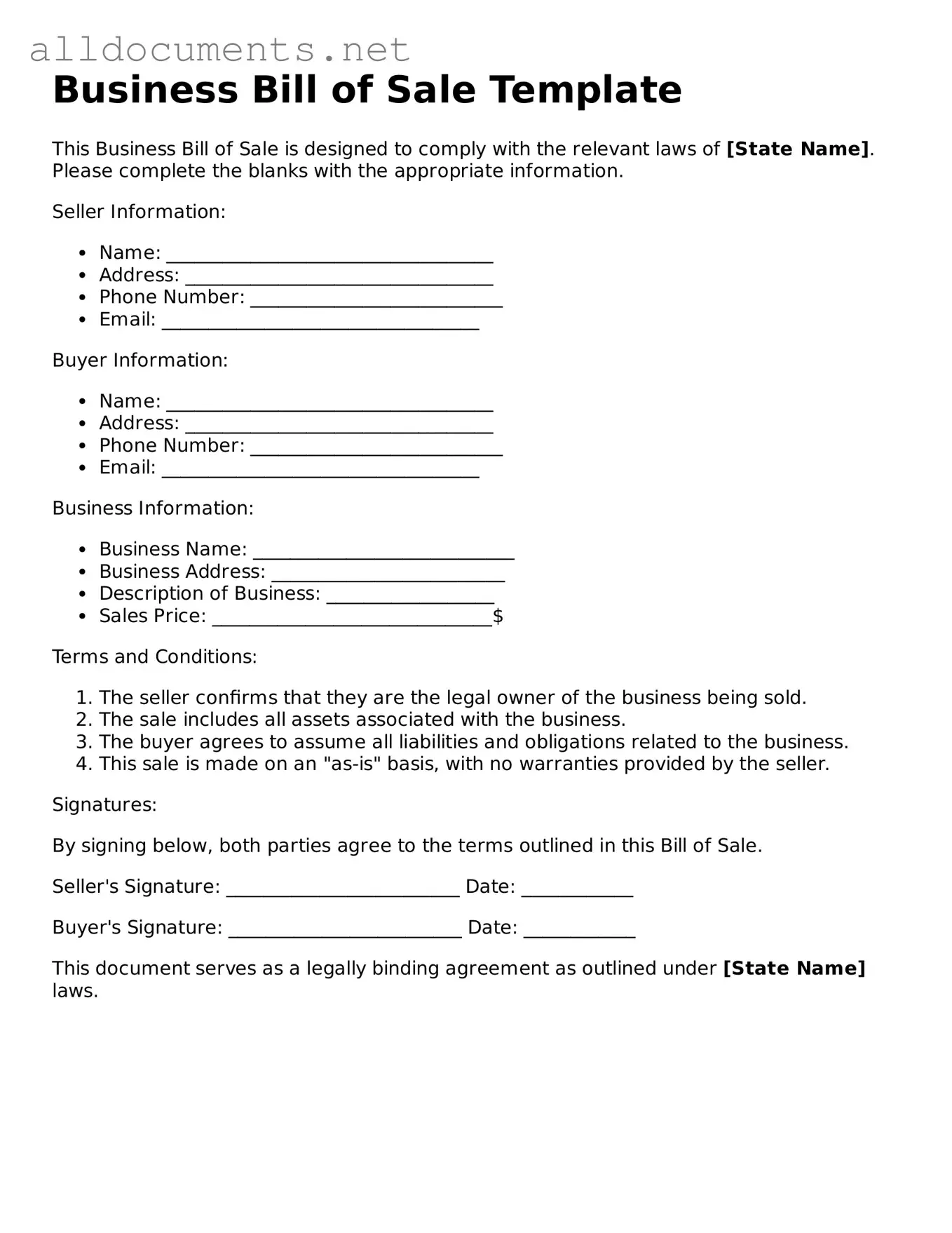 Free Business Bill of Sale Document