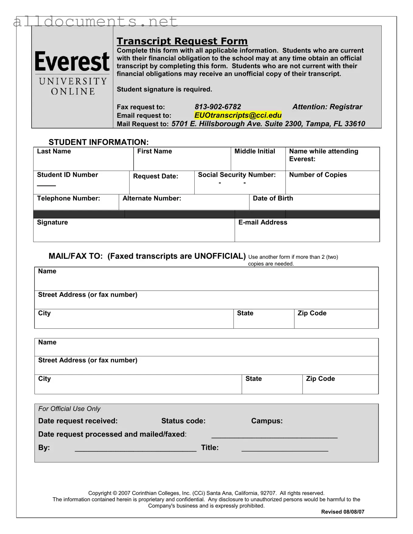 Fillable Everest University Transcript Template in PDF