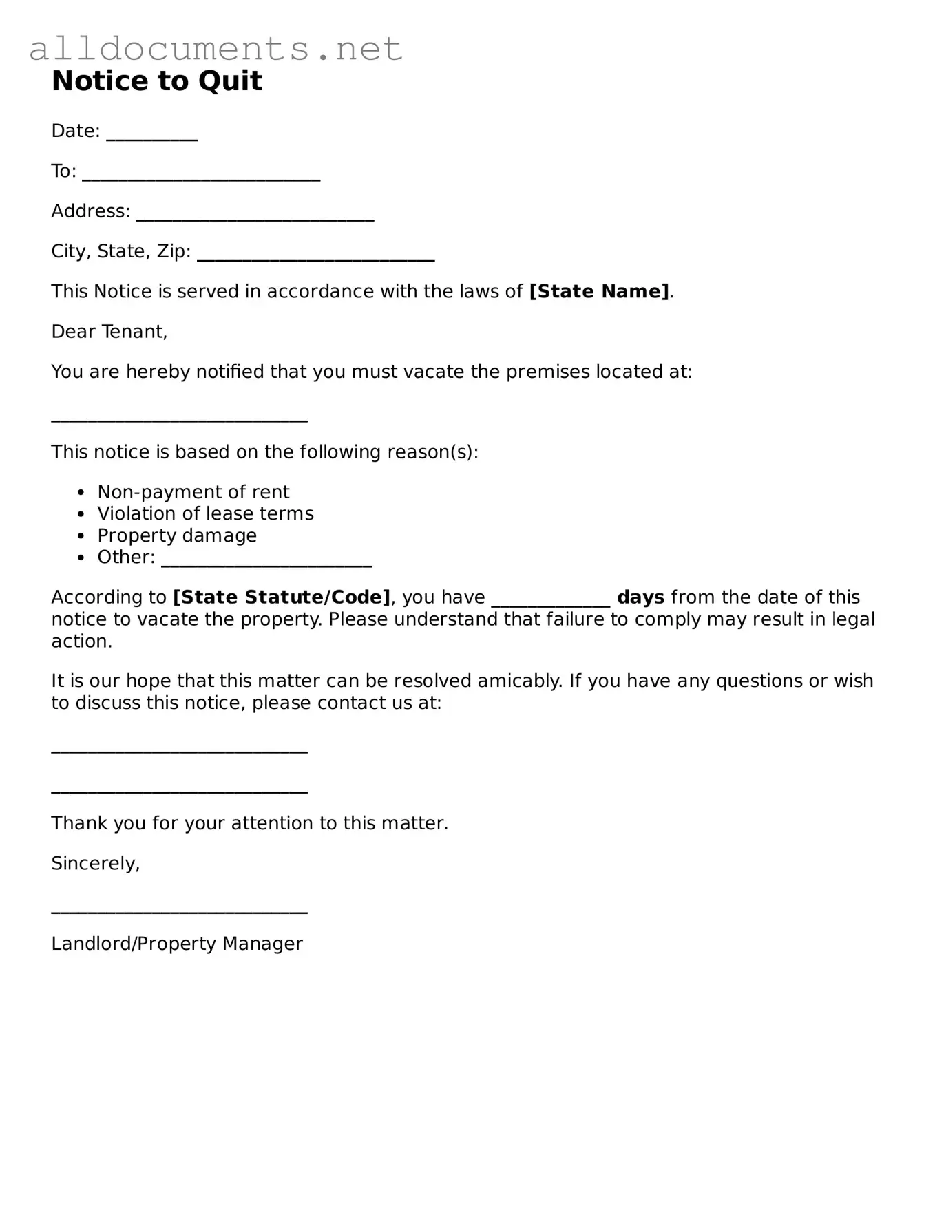 Free Notice to Quit Document