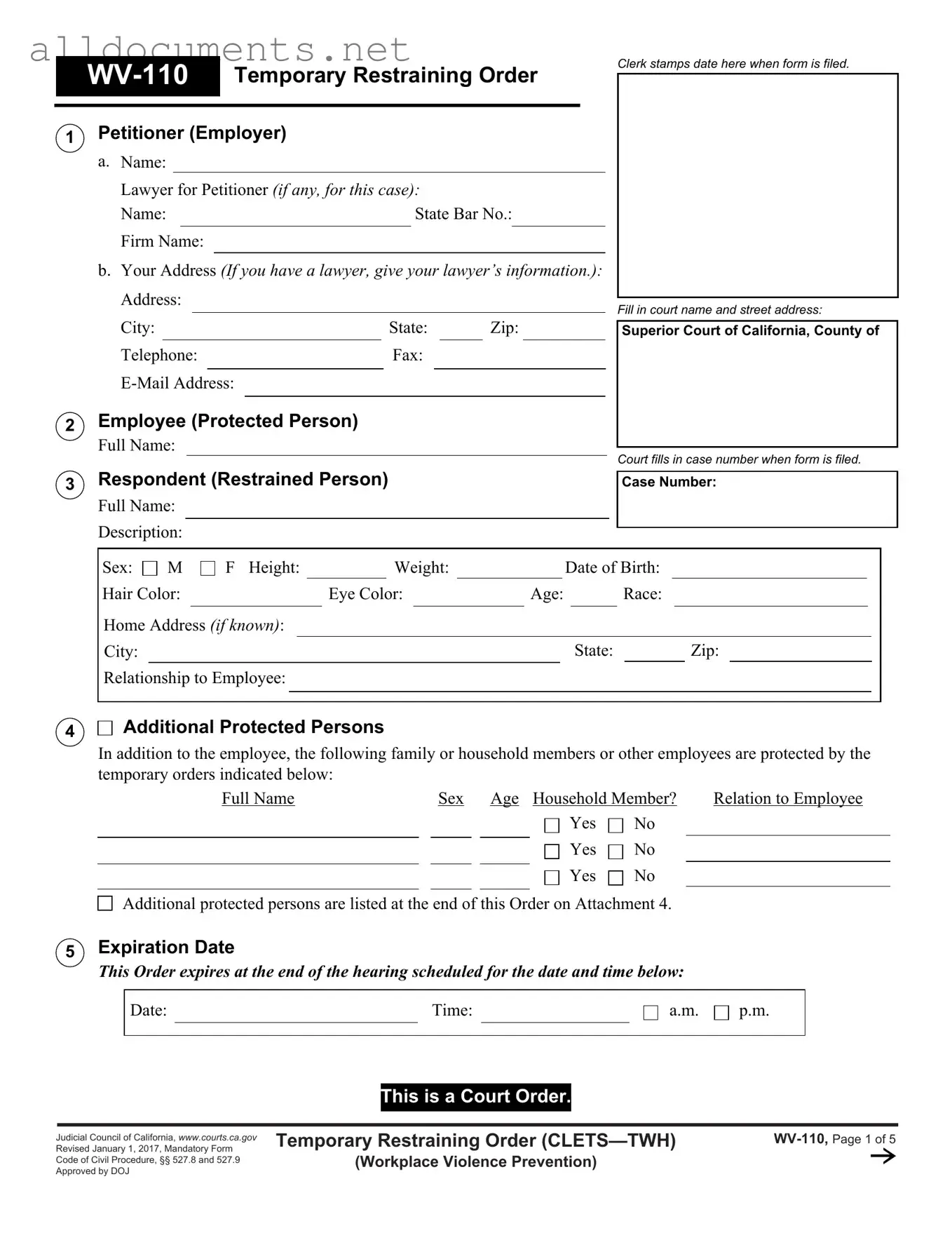 Fillable Fake Restraining Order Template in PDF