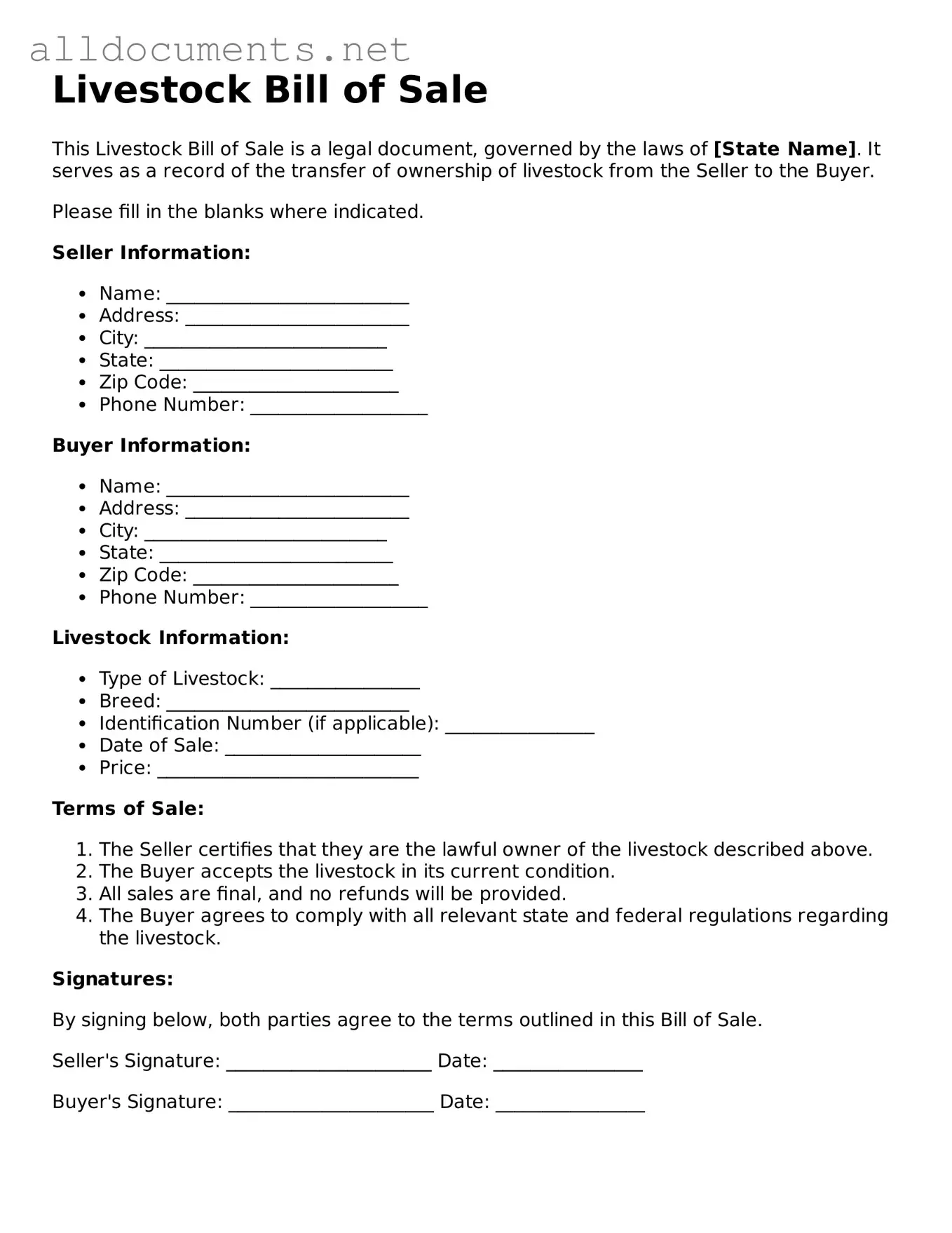 Free Livestock Bill of Sale Document