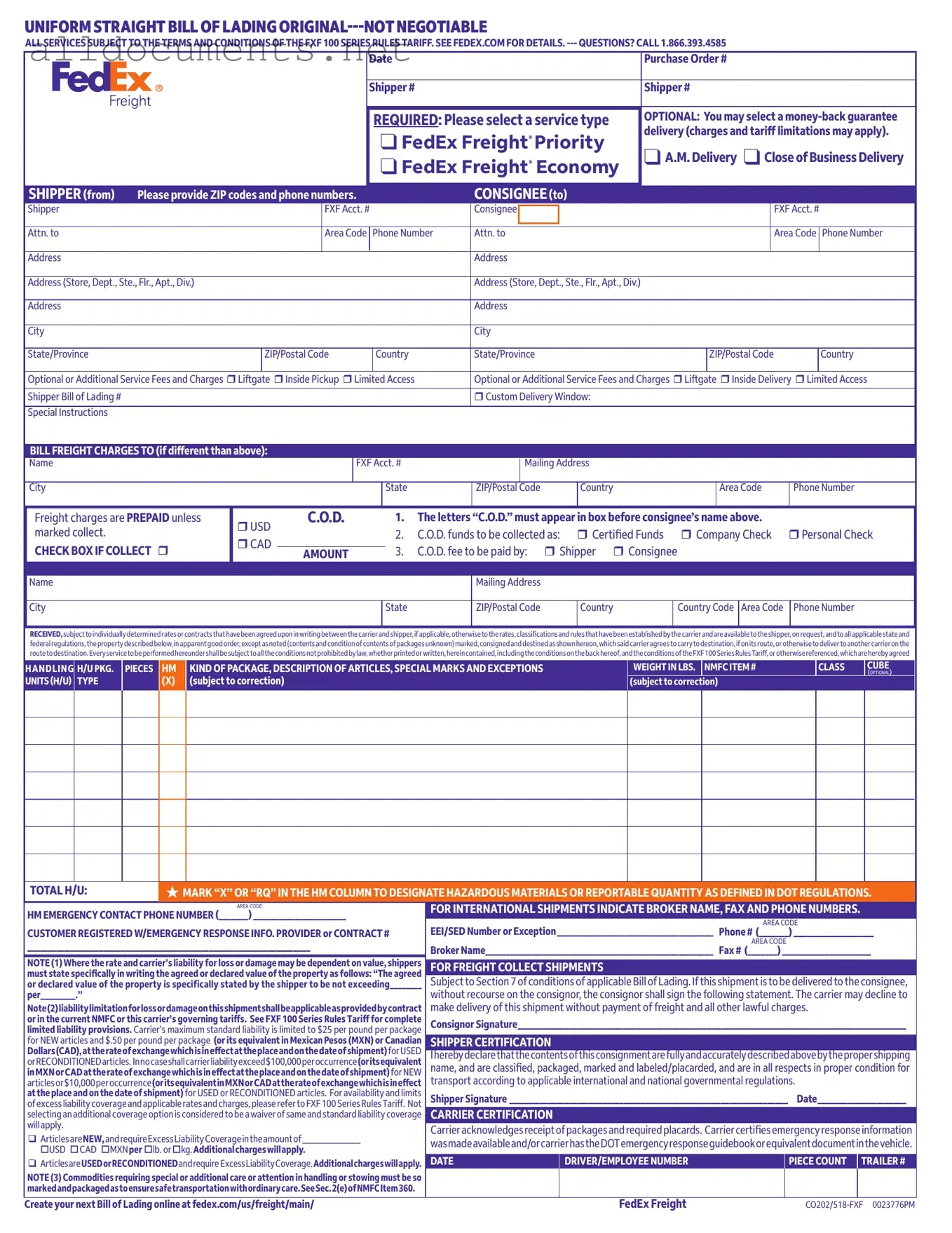 Fillable Fedex Bill Of Lading Template in PDF