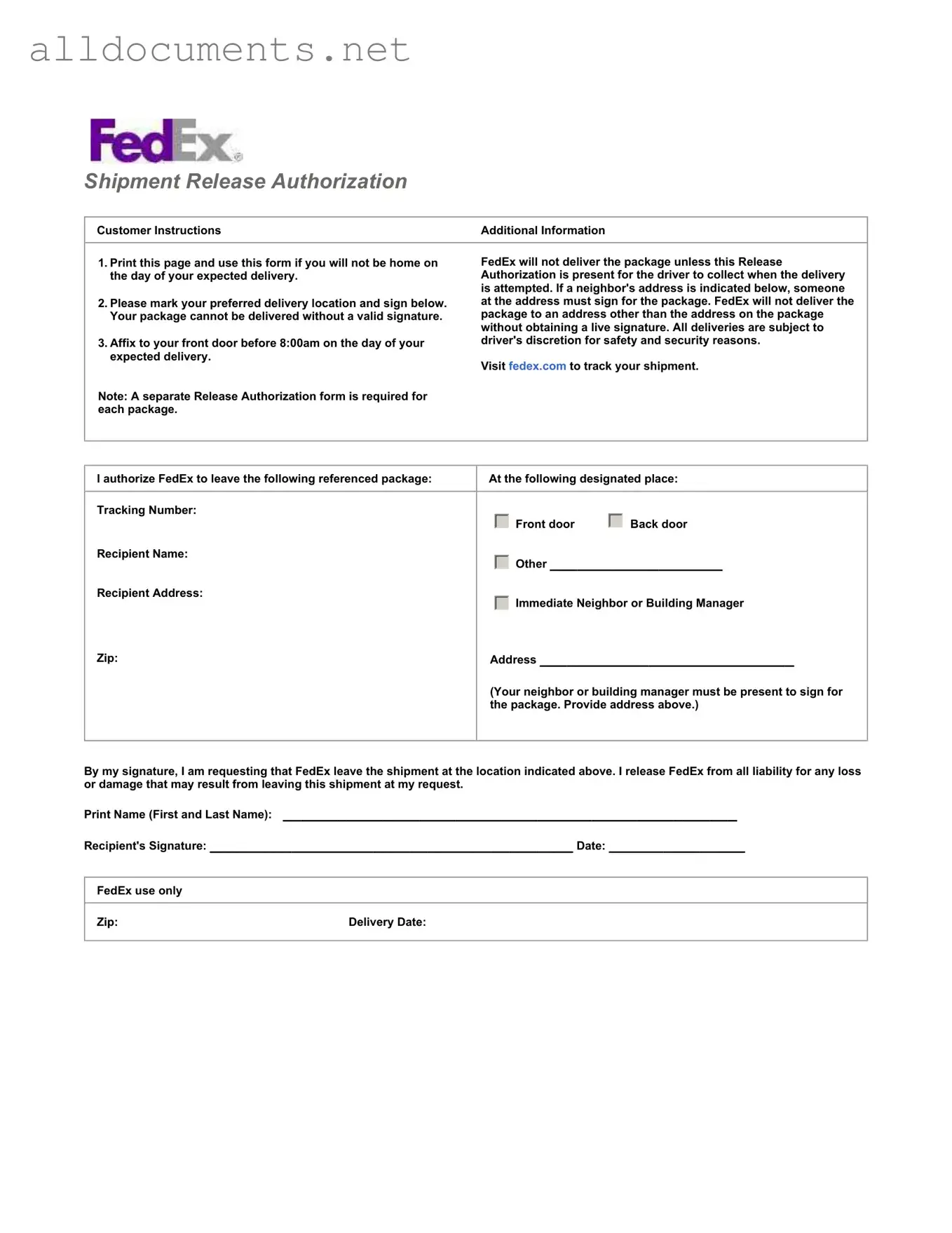 Fillable Fedex Release Template in PDF