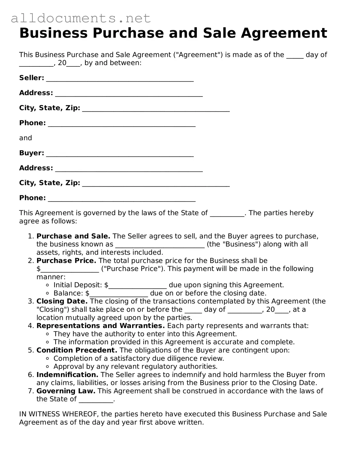 Free Business Purchase and Sale Agreement Document