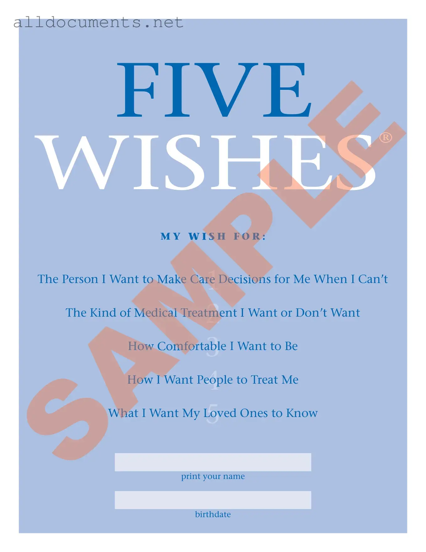 Fillable 5 Wishes Document Template in PDF