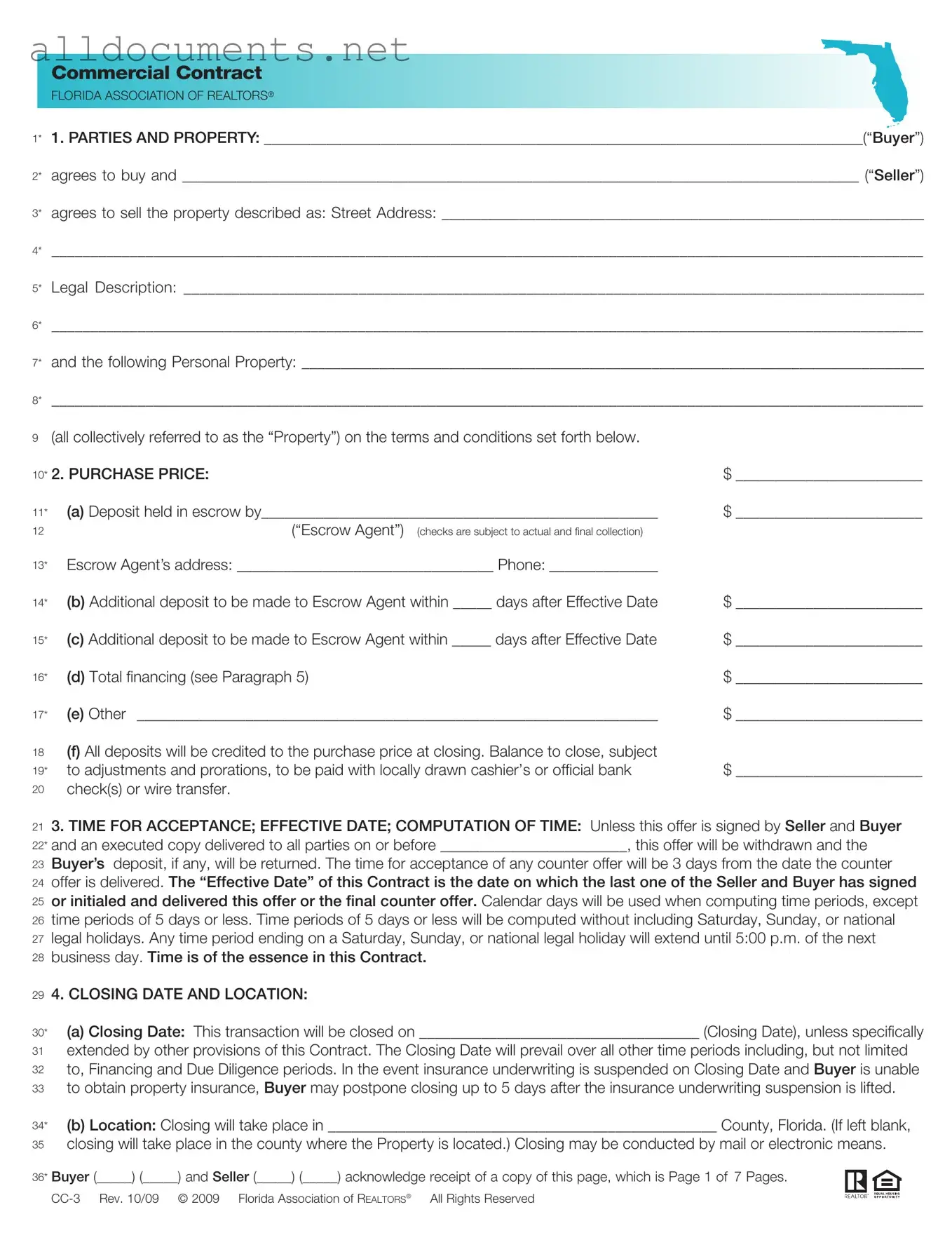 Fillable Florida Commercial Contract Template in PDF