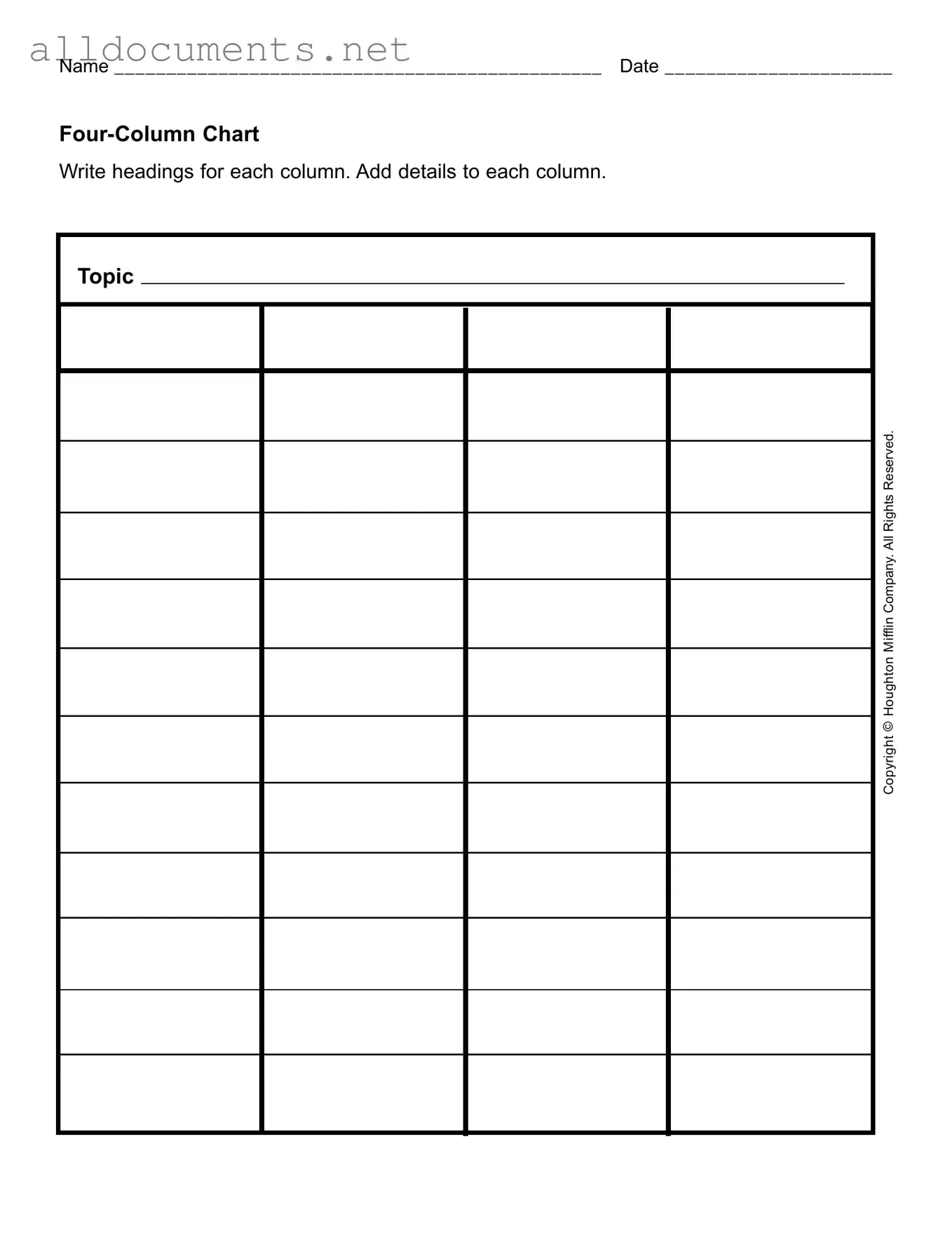 Fillable Four Column Chart Template in PDF