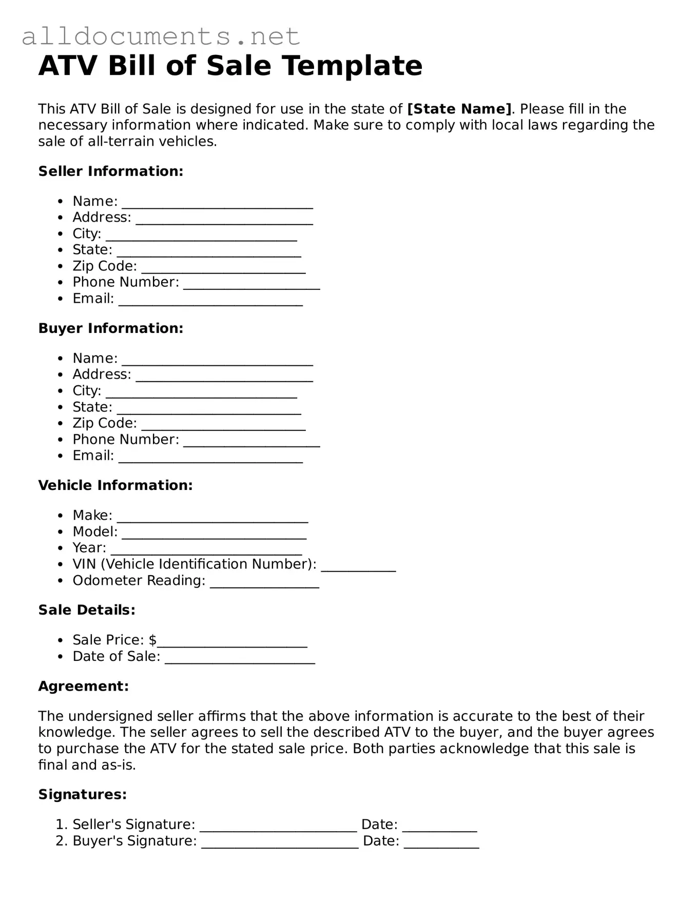 Free ATV Bill of Sale Document
