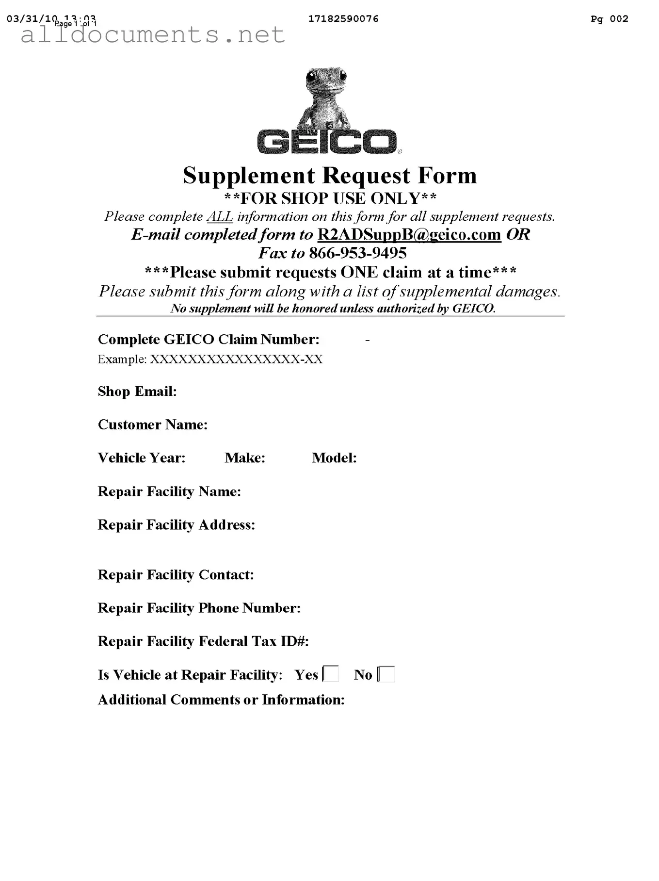 Fillable Geico Supplement Request Template in PDF