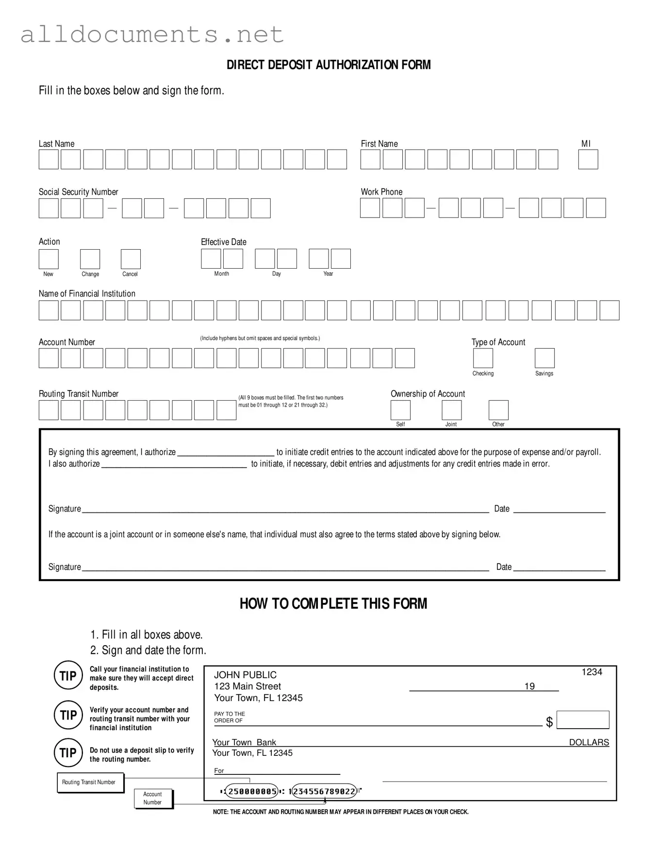 Fillable Generic Direct Deposit Template in PDF
