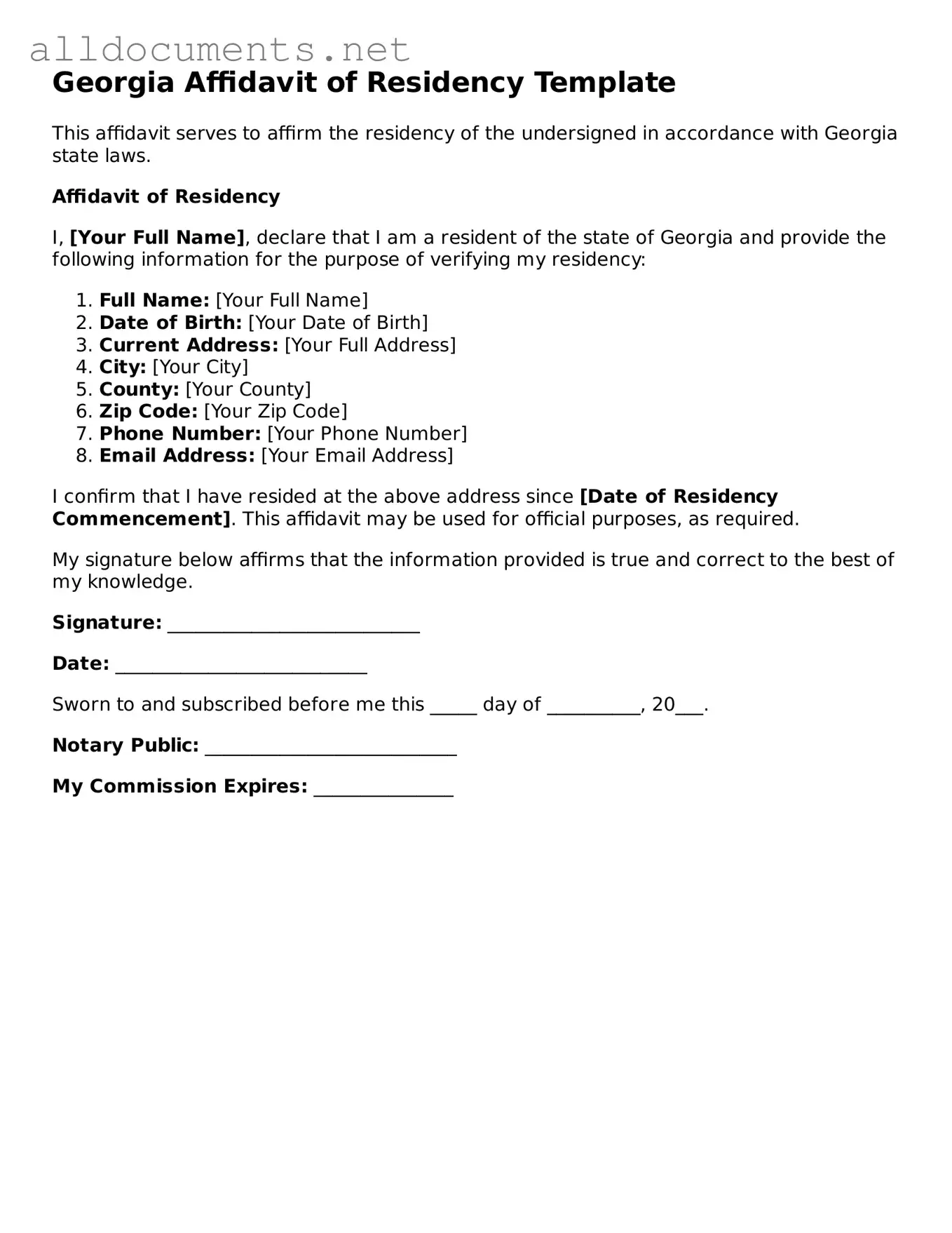 Official  Affidavit of Residency Template for Georgia