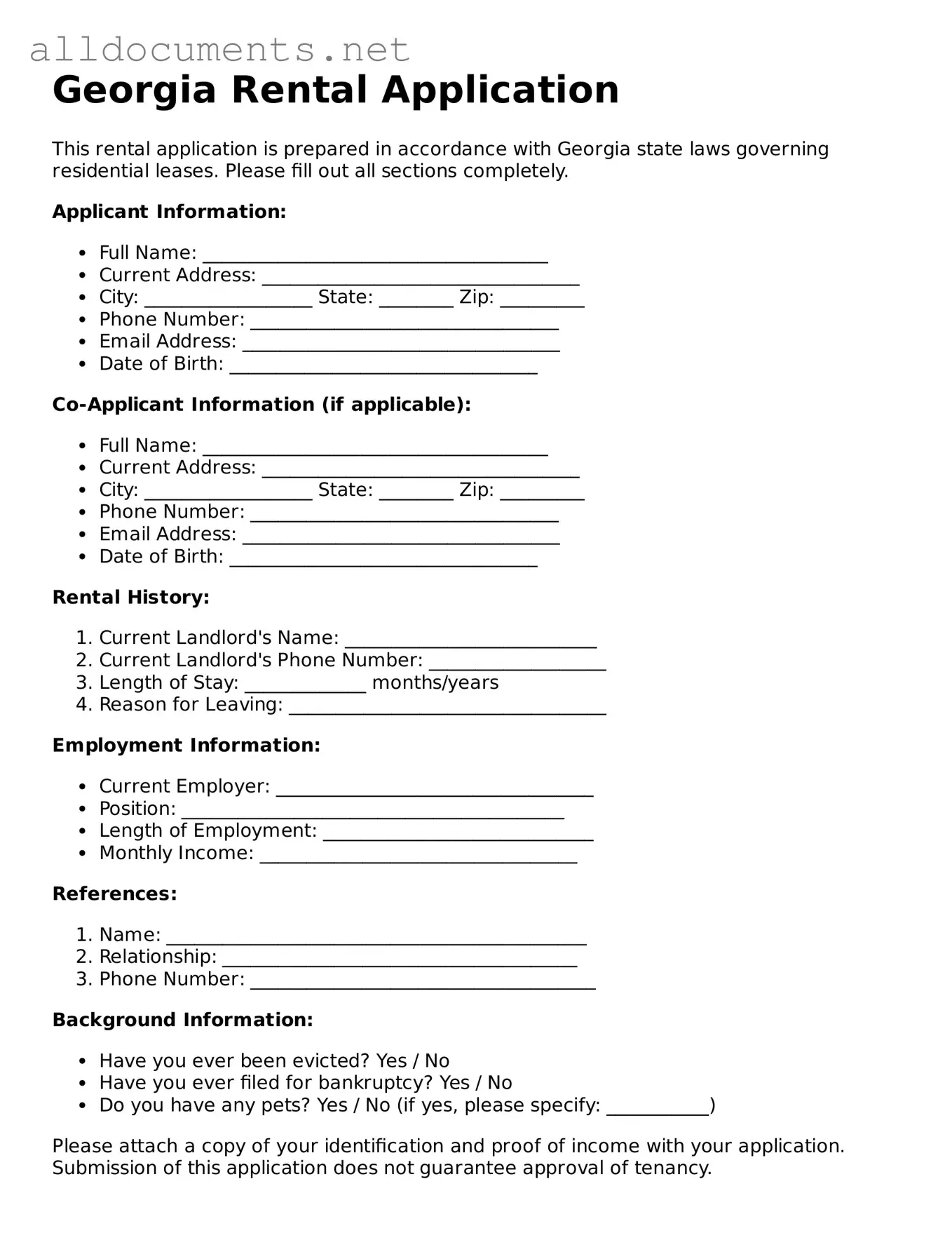 Official  Rental Application Template for Georgia