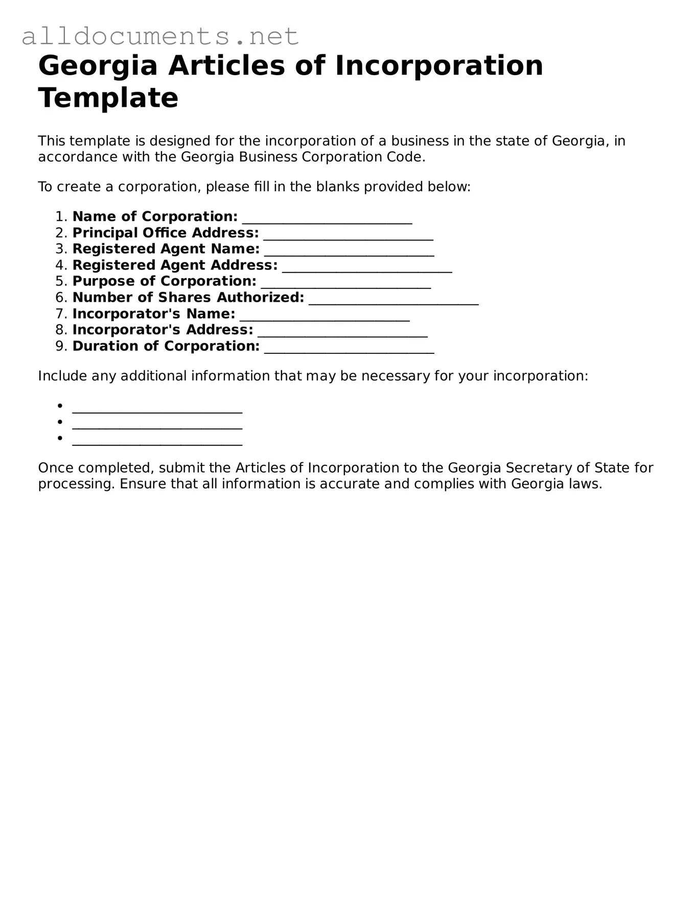 Official  Articles of Incorporation Template for Georgia