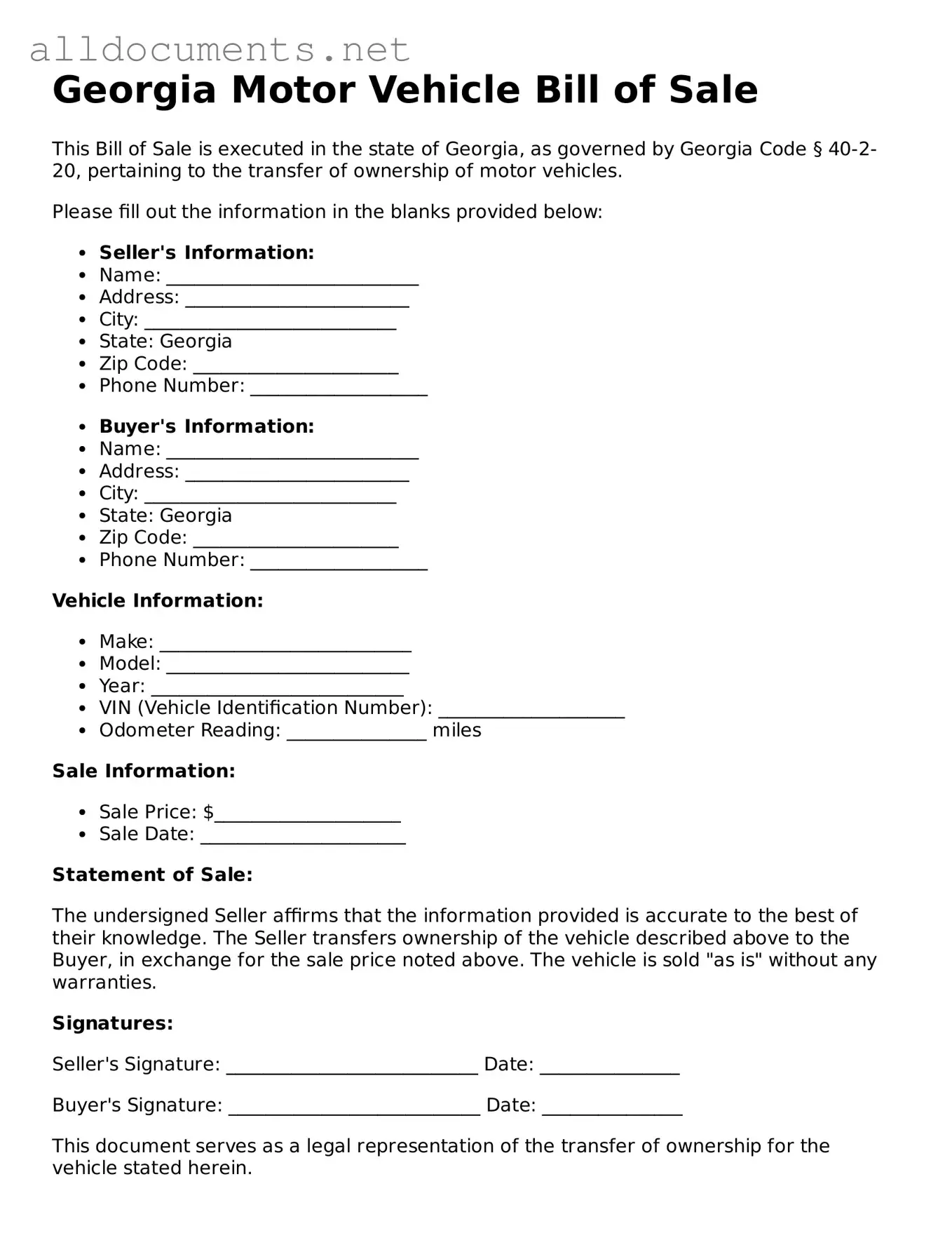 Official  Motor Vehicle Bill of Sale Template for Georgia