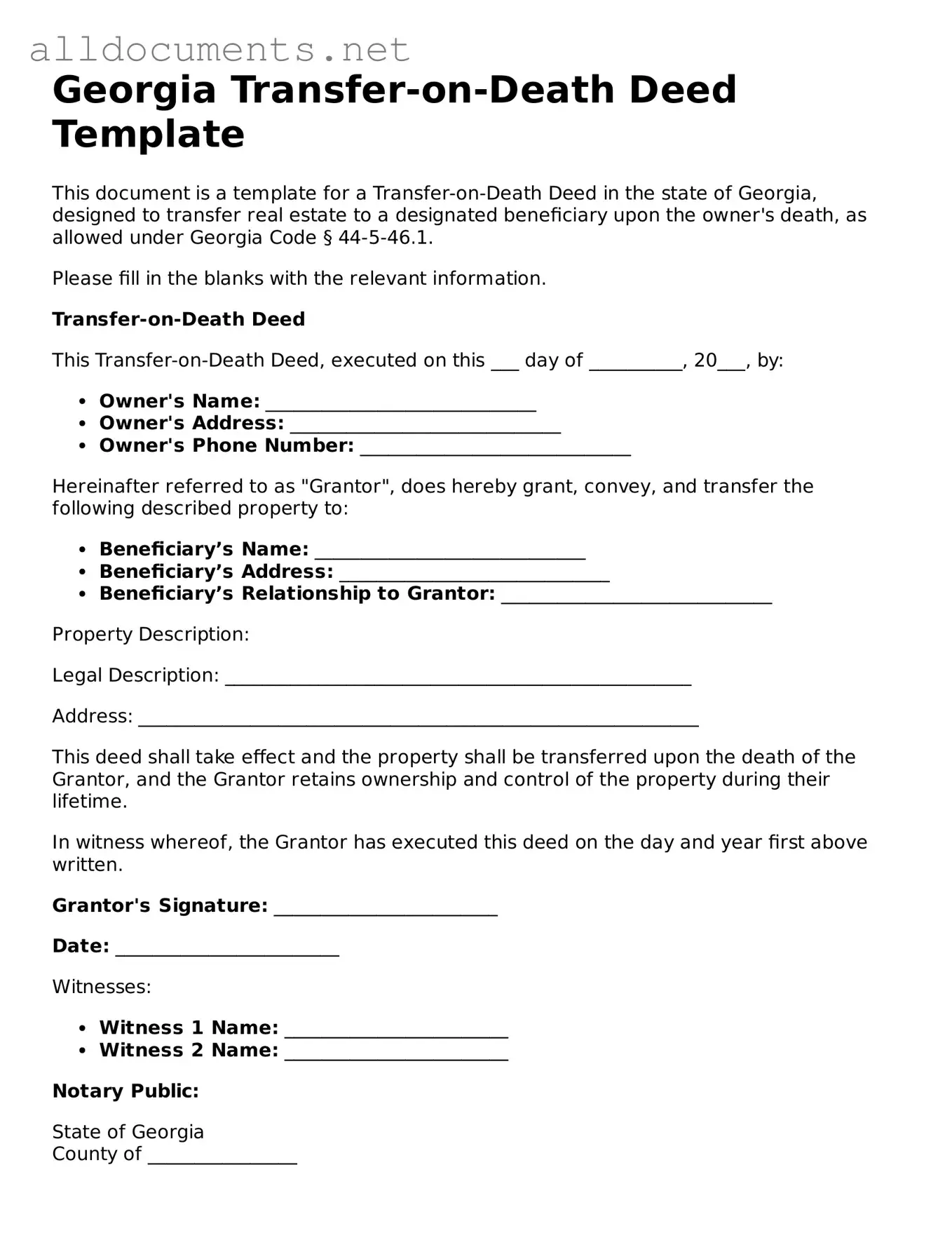 Official  Transfer-on-Death Deed Template for Georgia