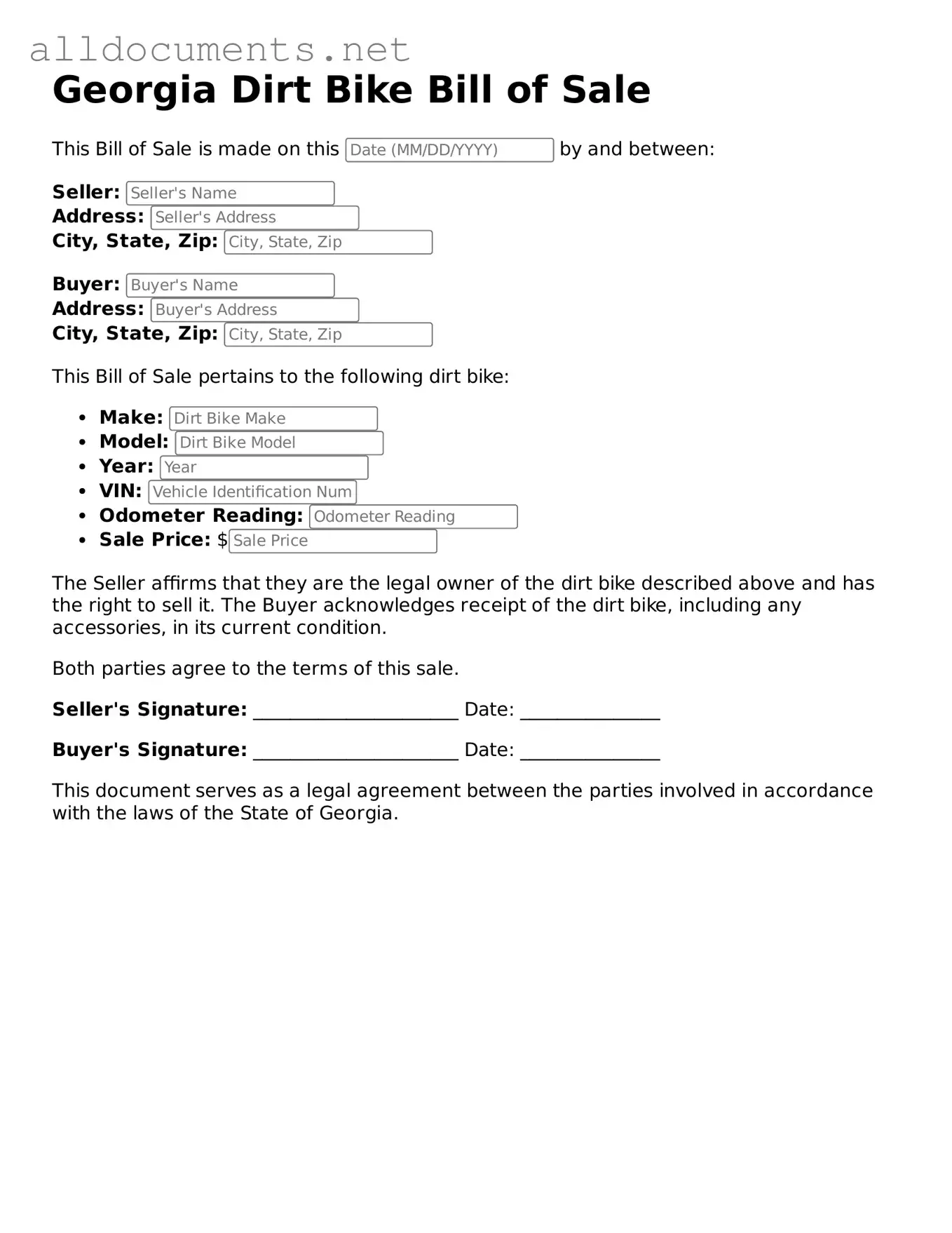 Official  Dirt Bike Bill of Sale Template for Georgia
