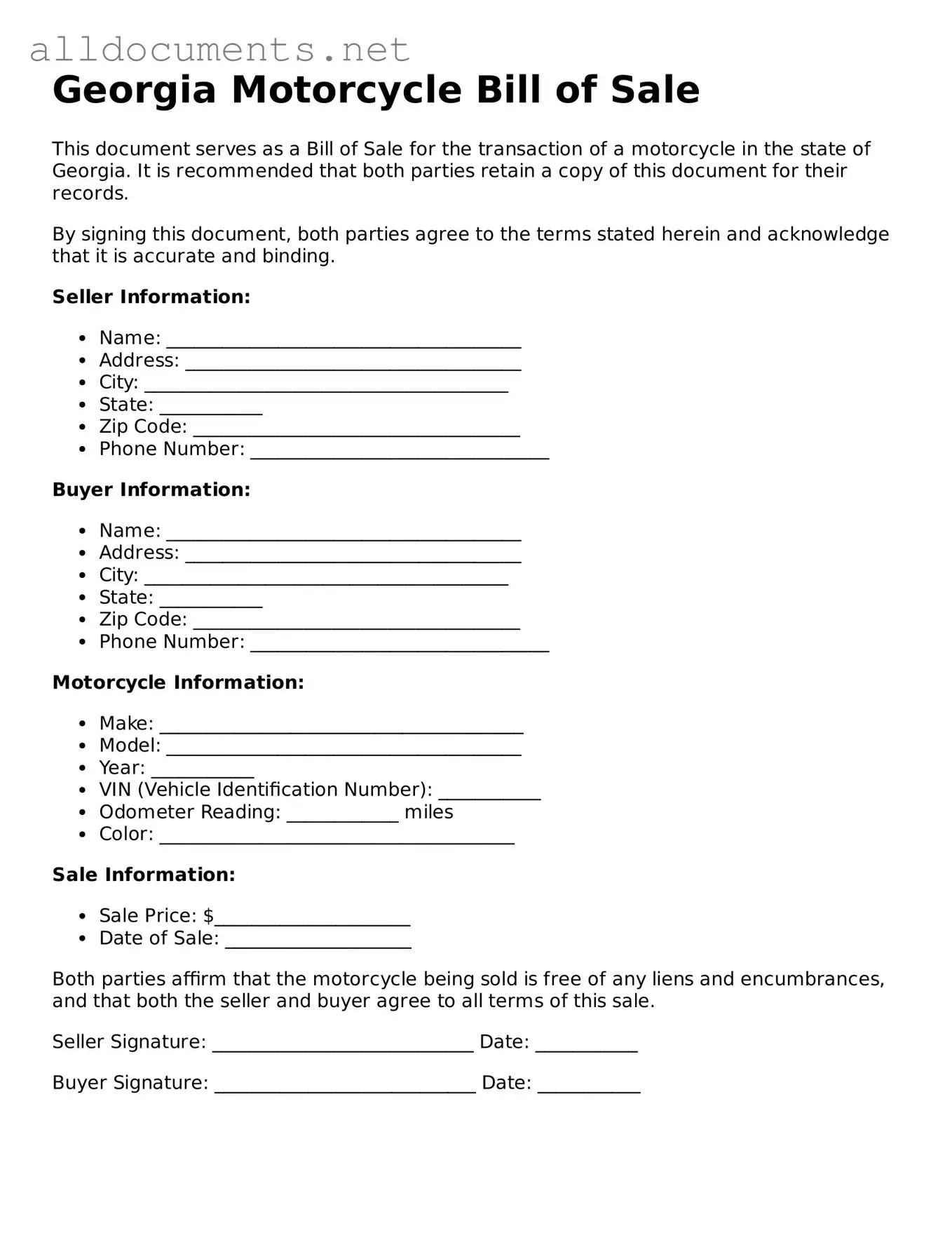 Official  Motorcycle Bill of Sale Template for Georgia
