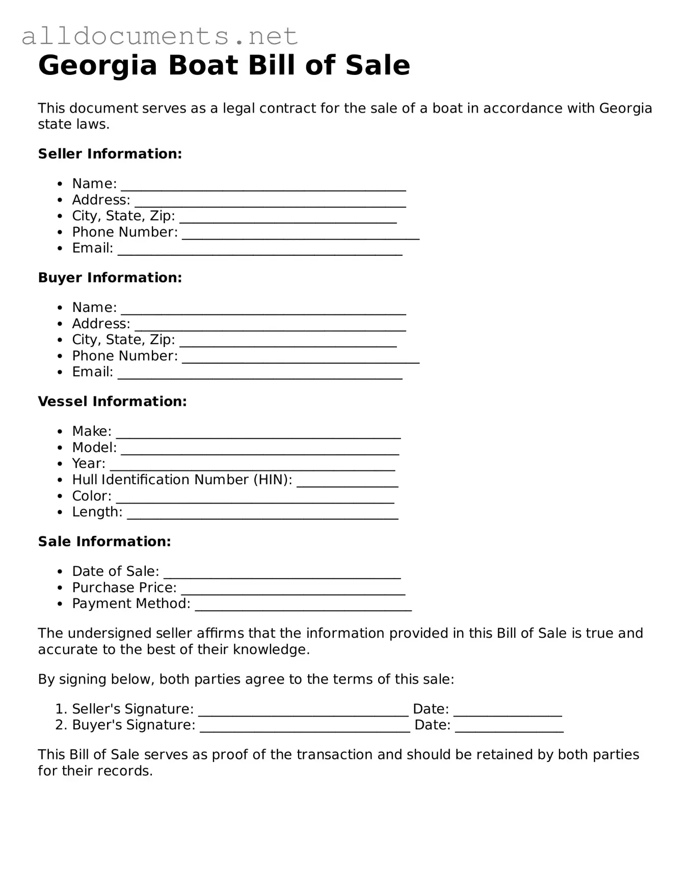 Official  Boat Bill of Sale Template for Georgia