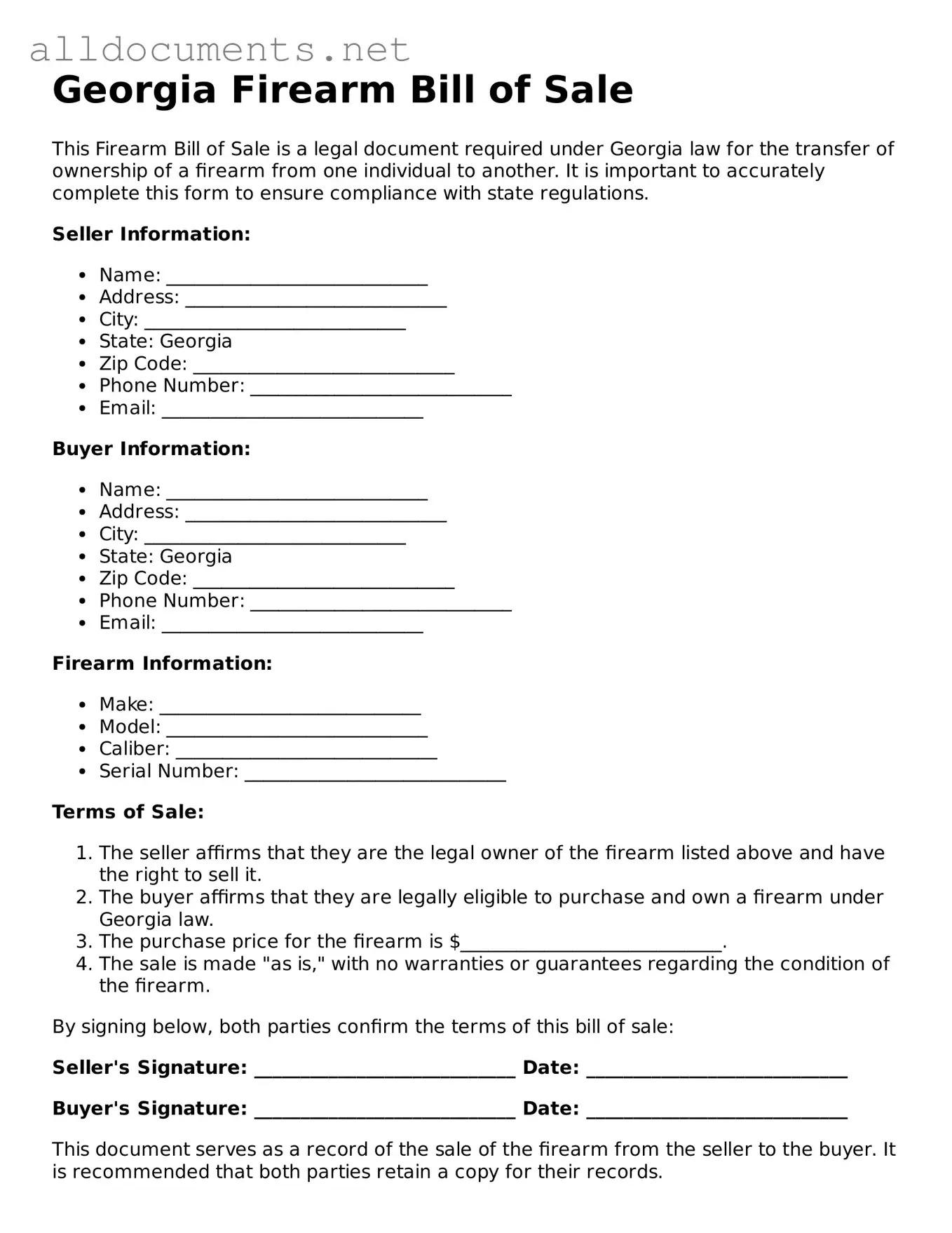 Official  Firearm Bill of Sale Template for Georgia
