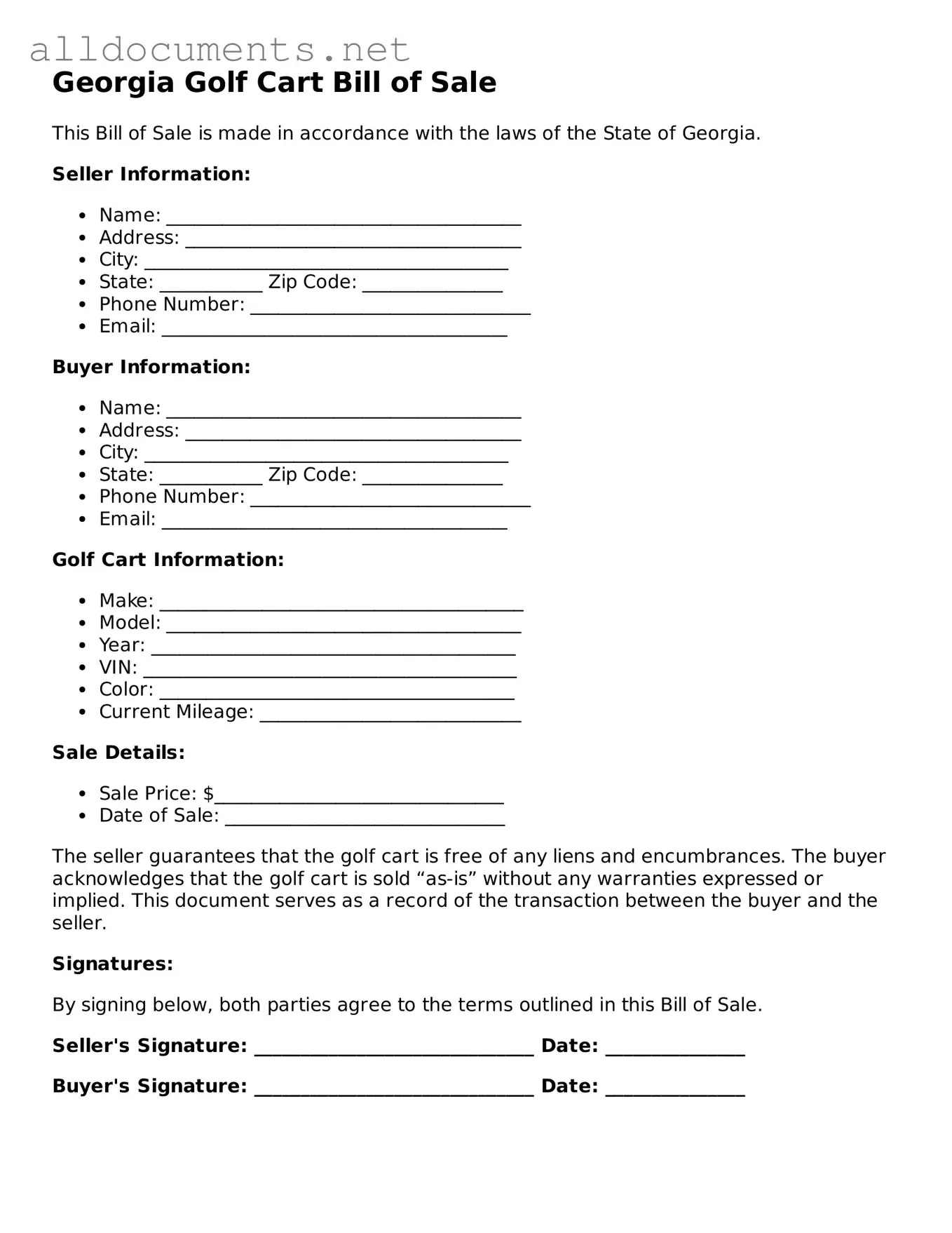 Official  Golf Cart Bill of Sale Template for Georgia