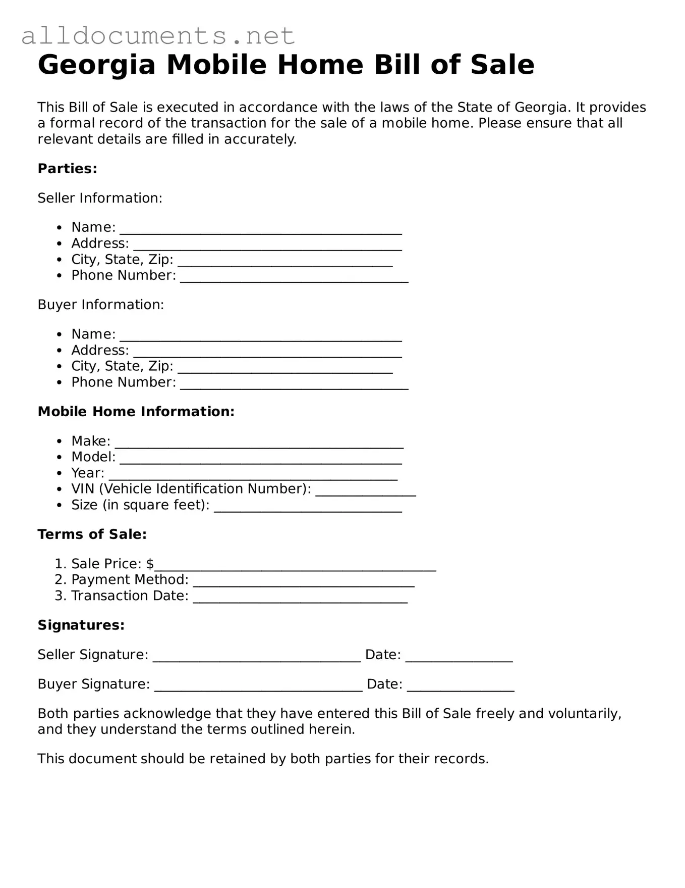 Official  Mobile Home Bill of Sale Template for Georgia