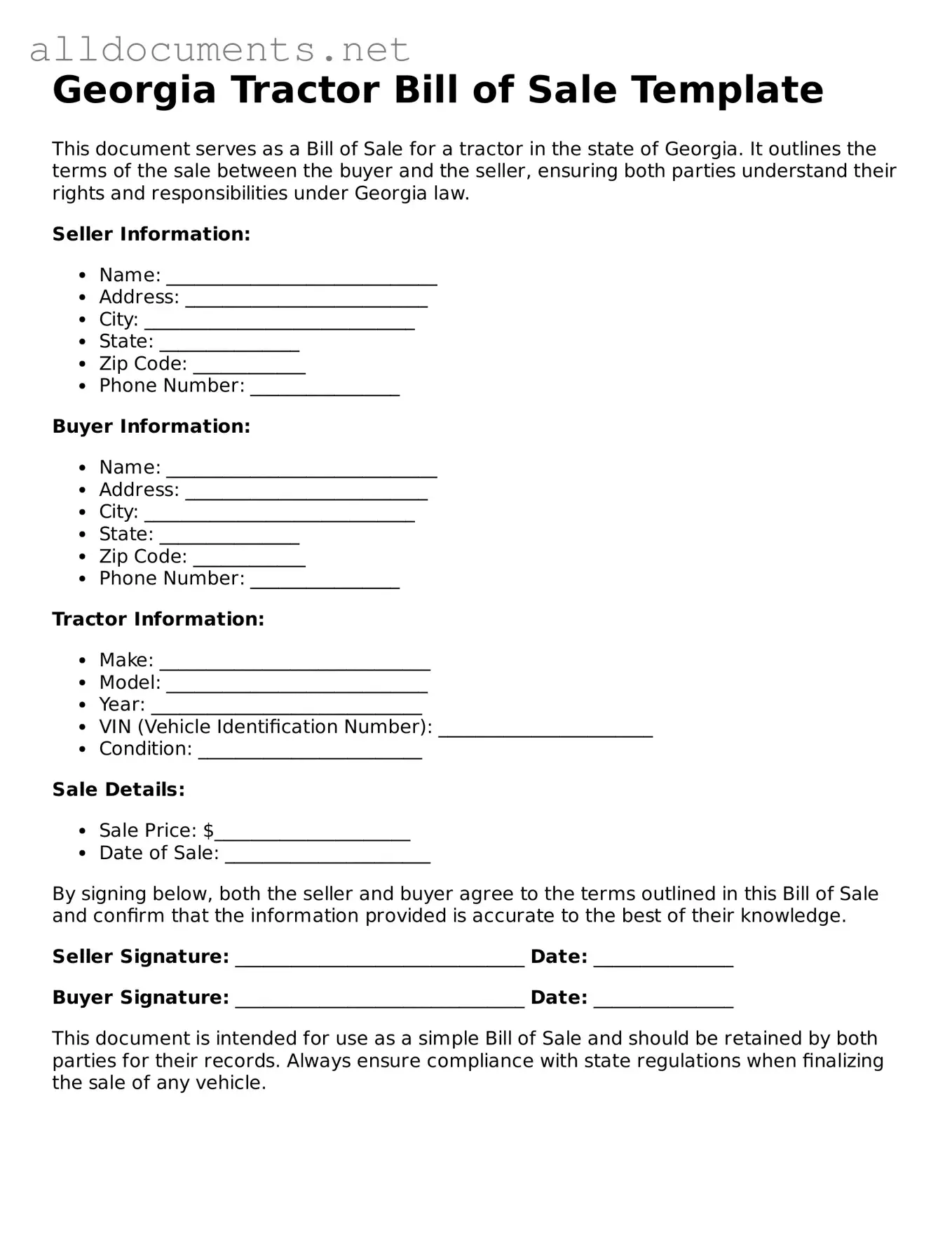 Official  Tractor Bill of Sale Template for Georgia
