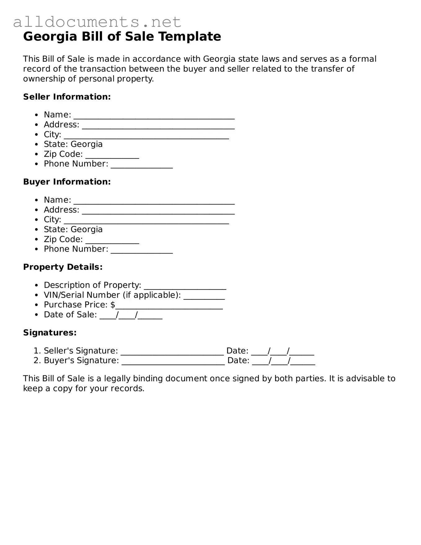 Official  Bill of Sale Template for Georgia
