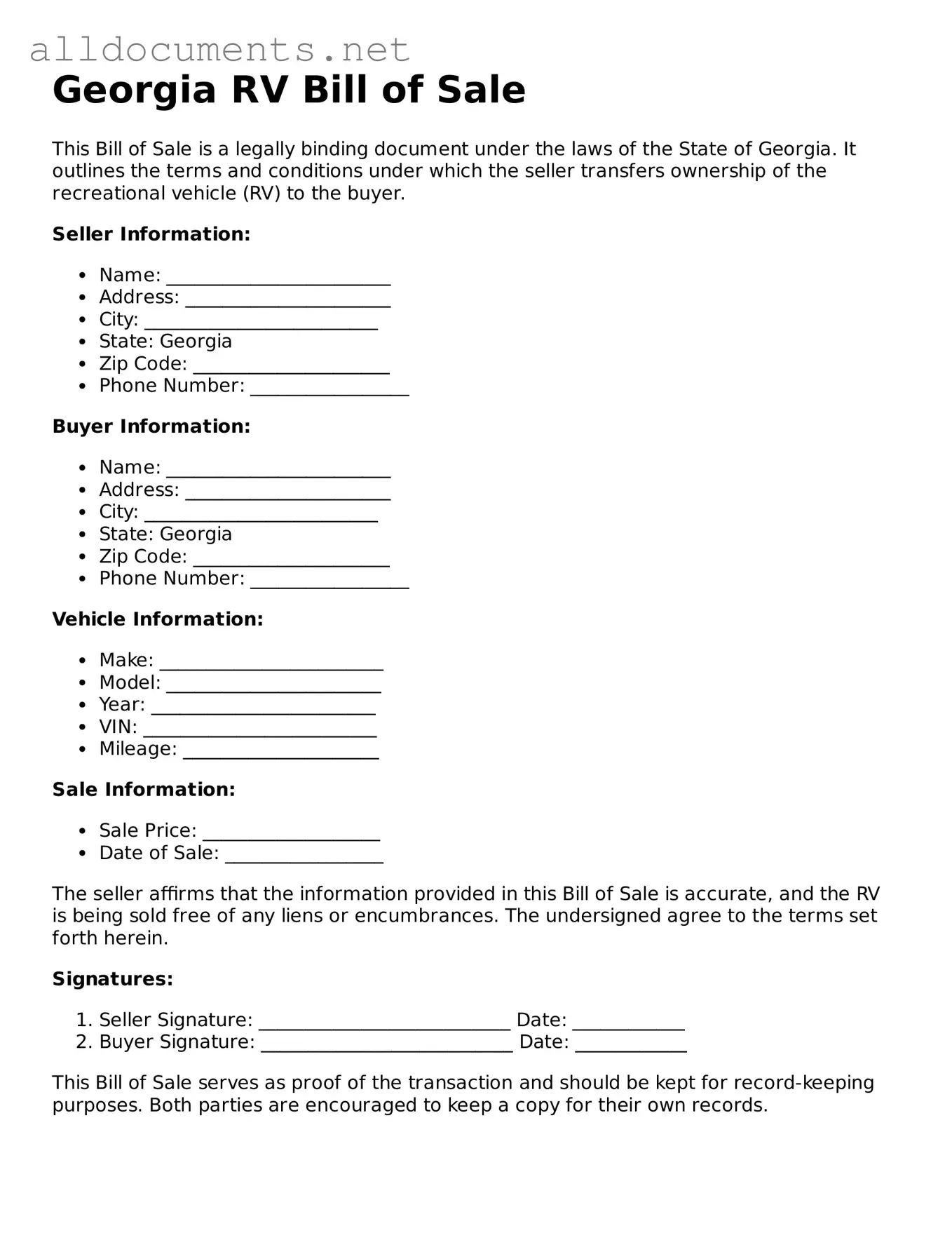 Official  RV Bill of Sale Template for Georgia