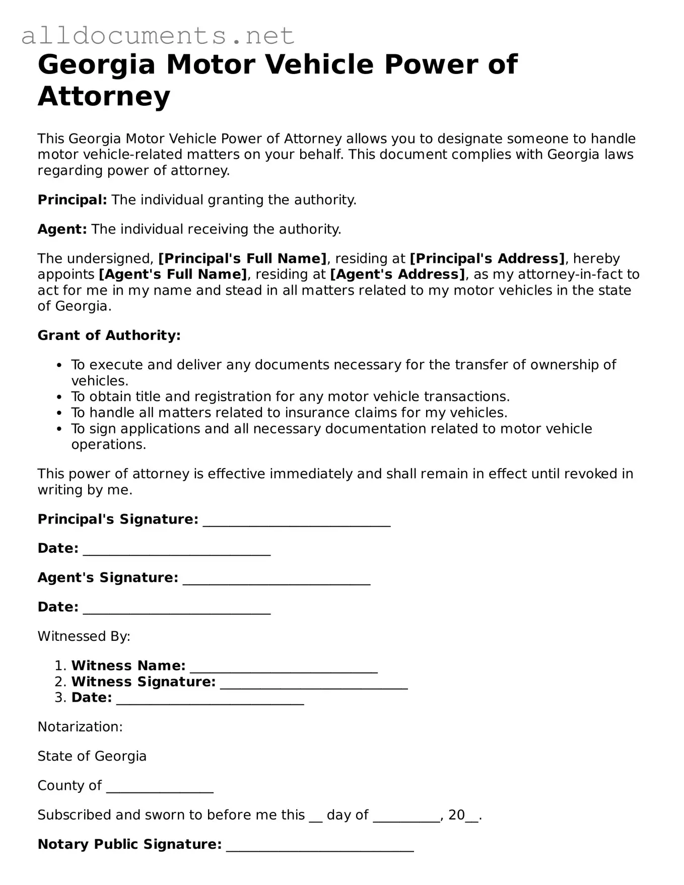 Official  Motor Vehicle Power of Attorney Template for Georgia