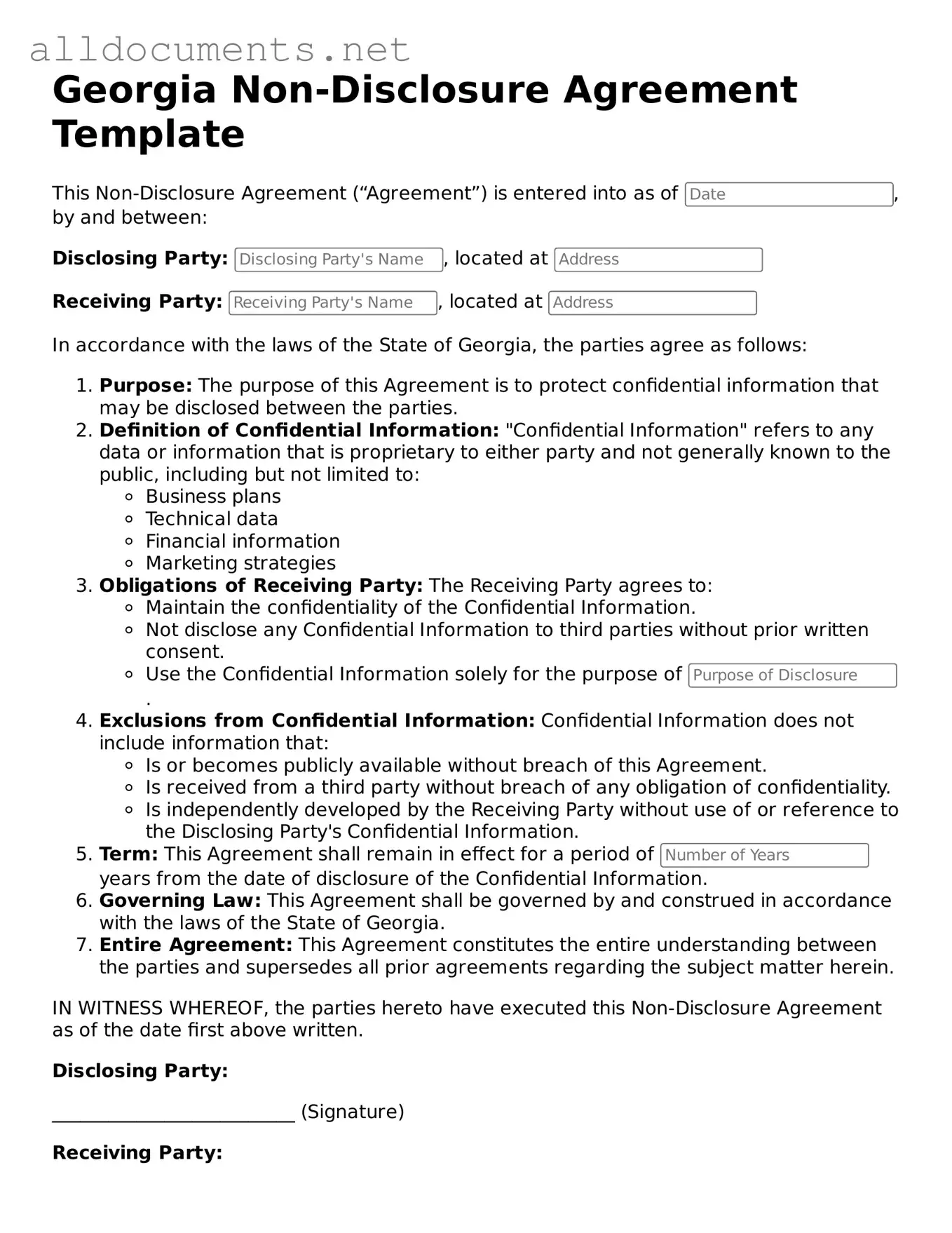 Official  Non-disclosure Agreement Template for Georgia