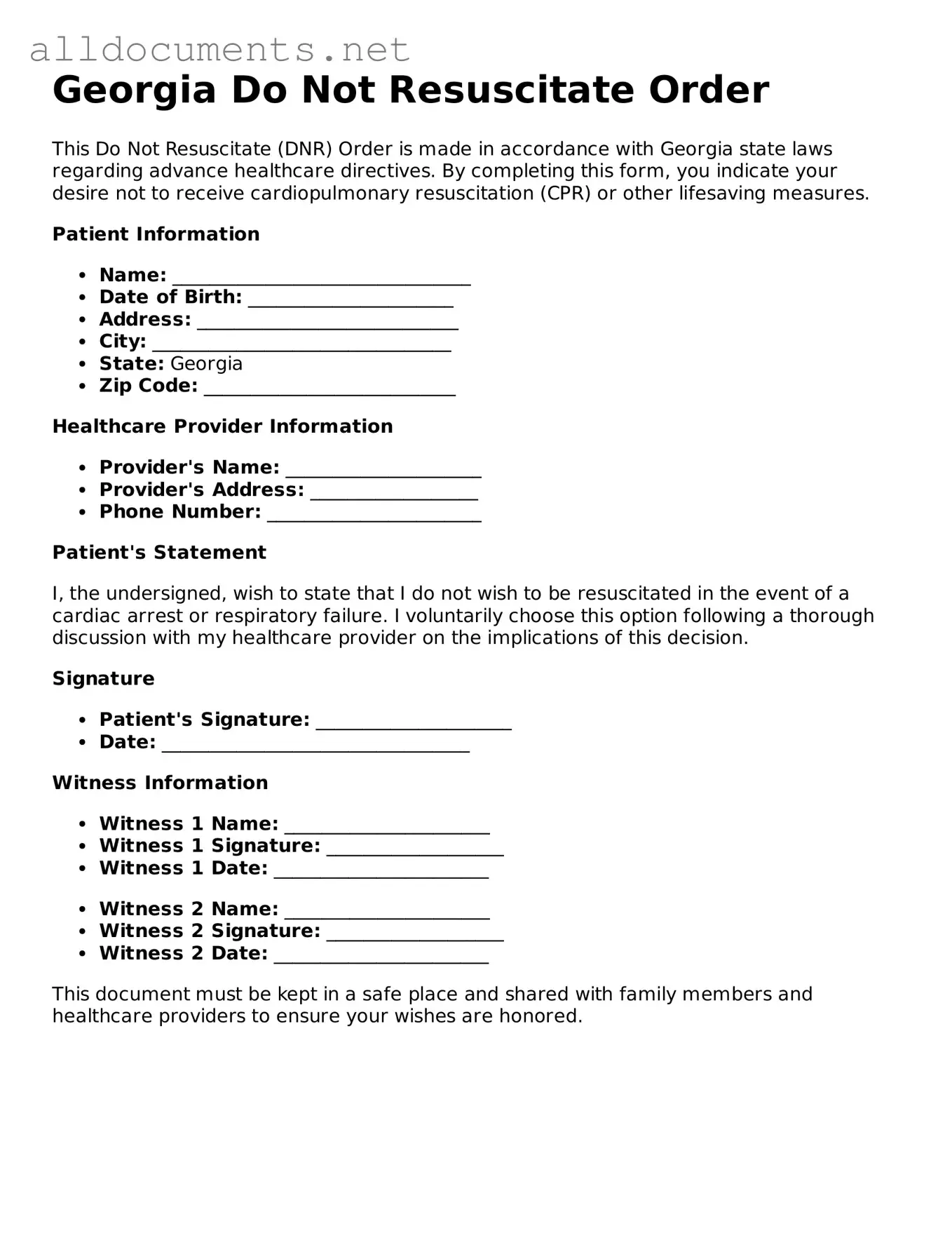 Official  Do Not Resuscitate Order Template for Georgia